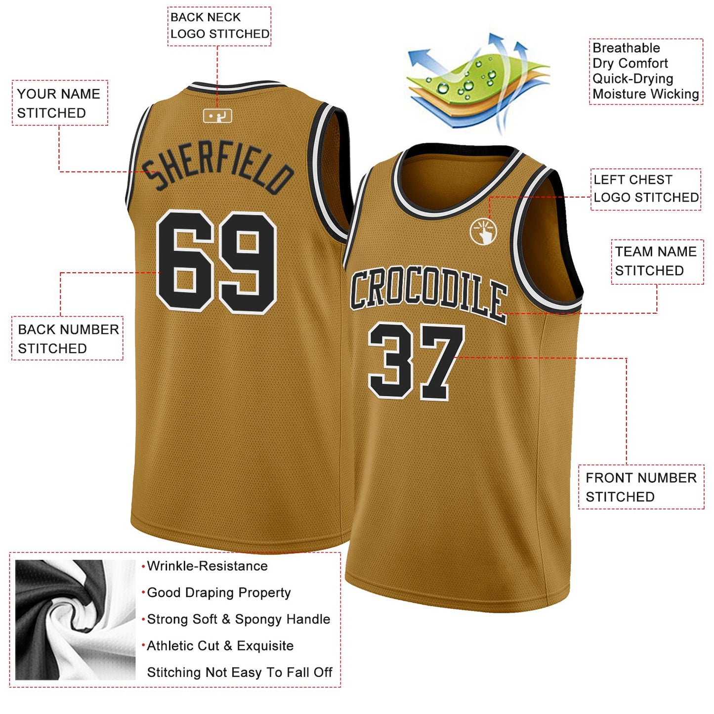 Custom Old Gold Black-White Authentic Basketball Jersey view 2