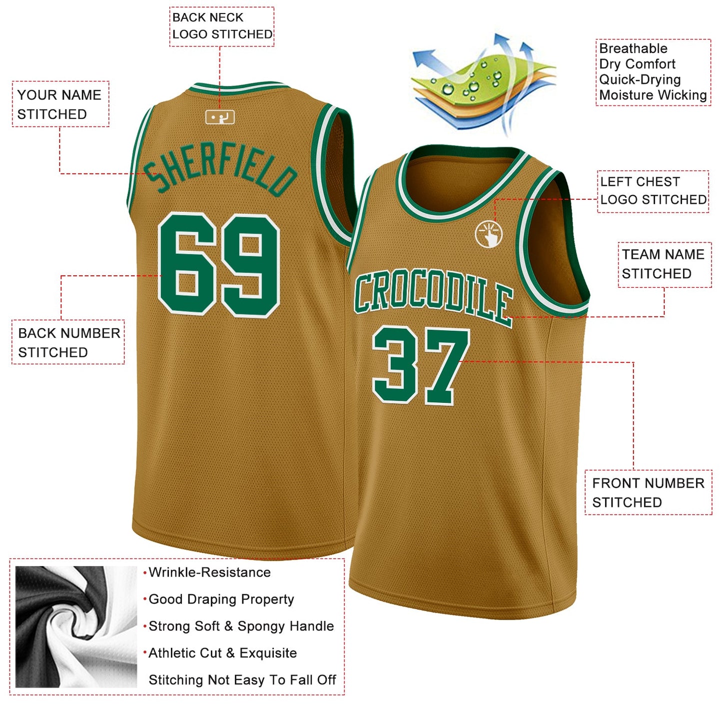 Custom Old Gold Kelly Green-White Authentic Basketball Jersey view 2