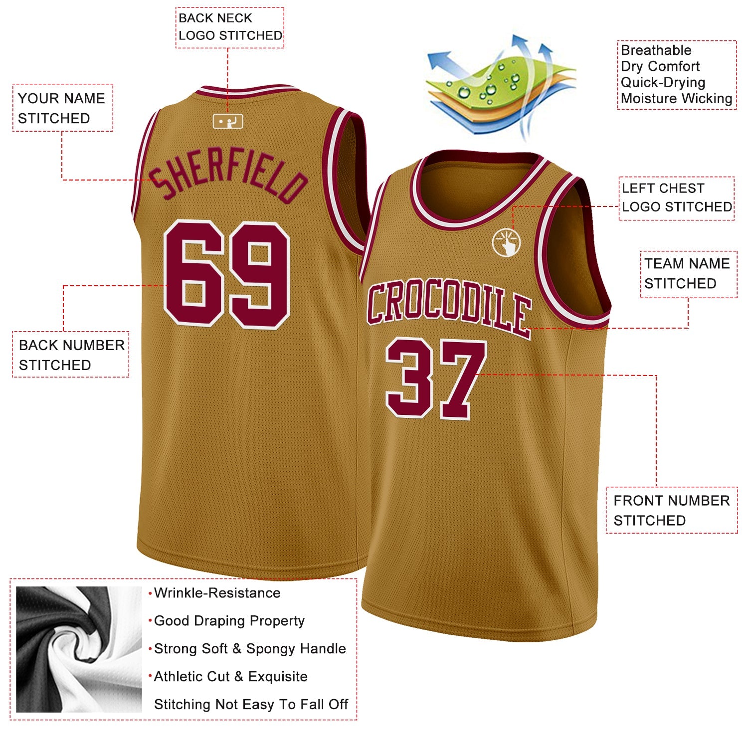 Custom Old Gold Maroon-White Authentic Basketball Jersey view 2