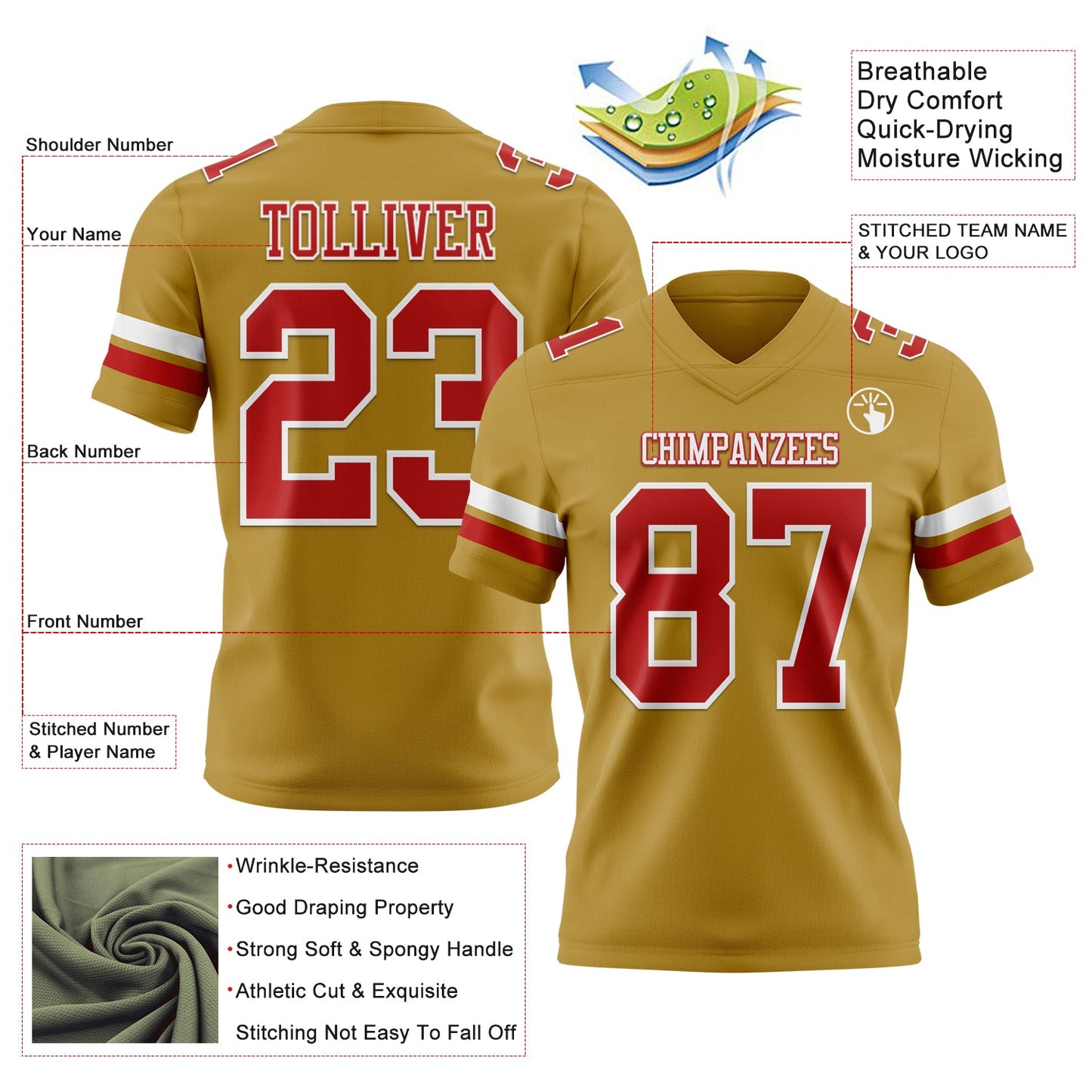 Custom Old Gold Red-White Authentic Football Jersey view 3