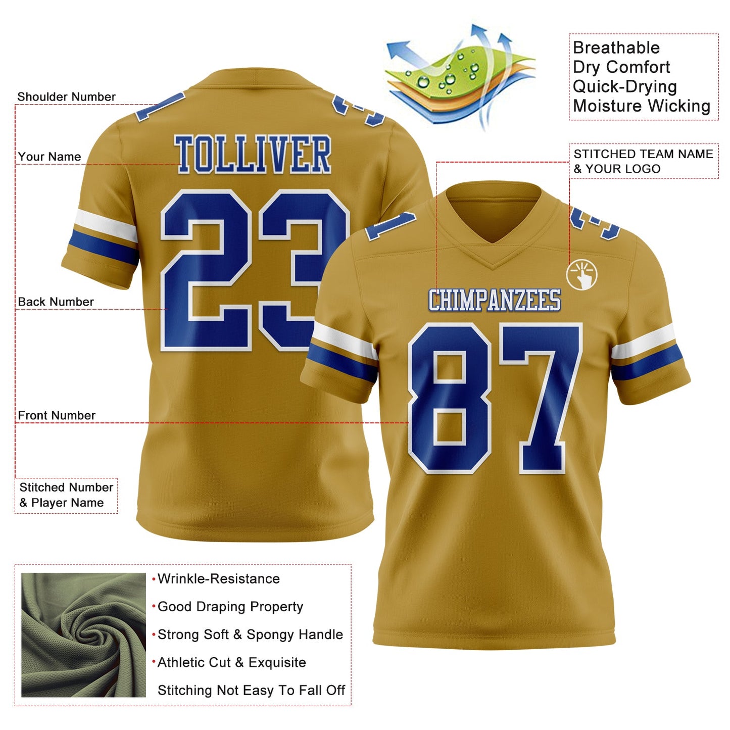 Custom Old Gold Royal-White Authentic Football Jersey view 3