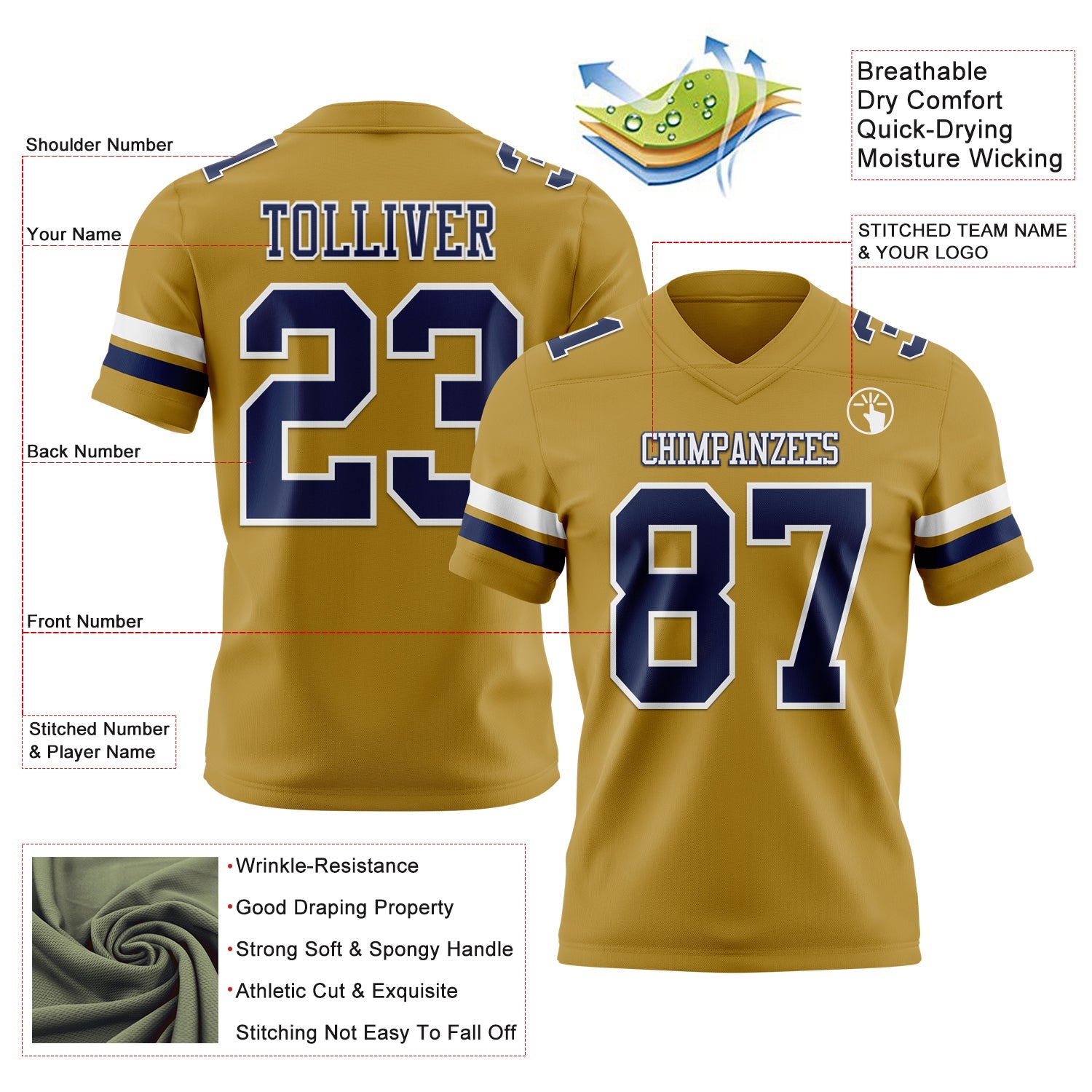 Custom Old Gold Navy-White Authentic Football Jersey view 3