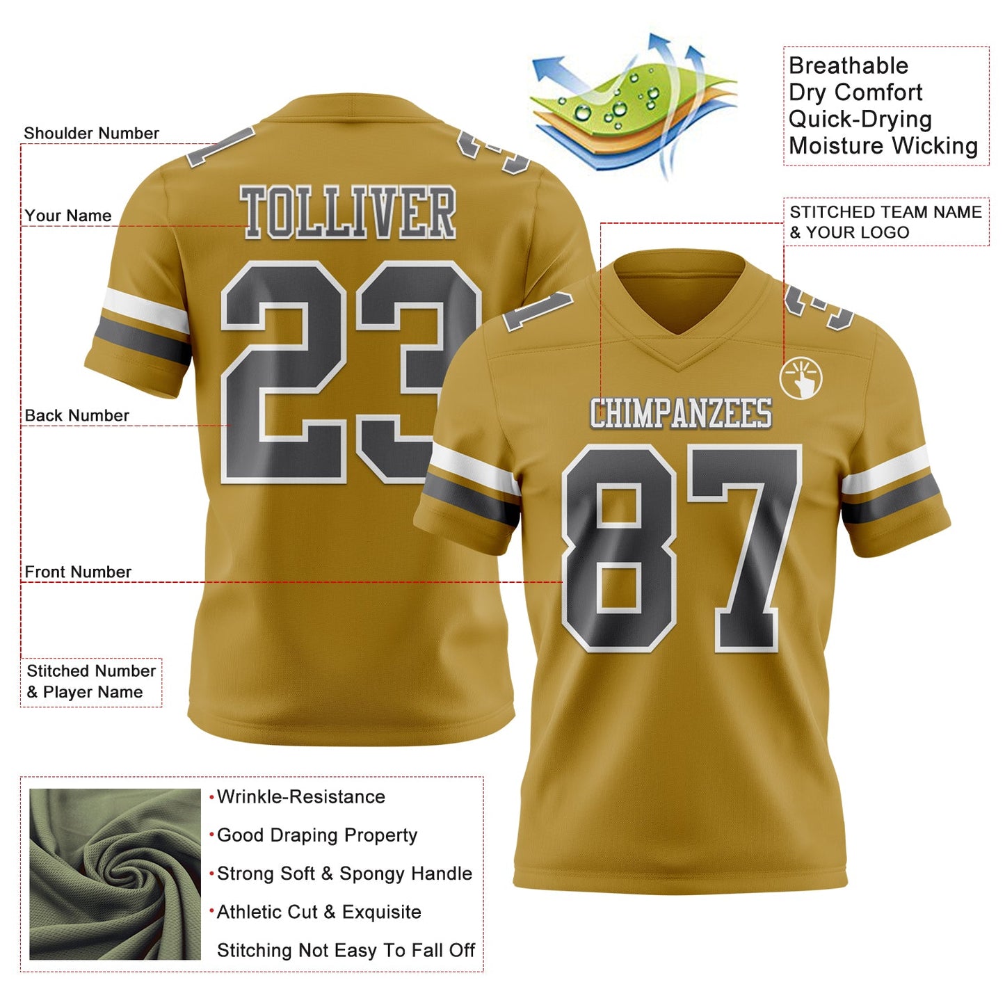 Custom Old Gold Steel Gray-White Authentic Football Jersey view 3