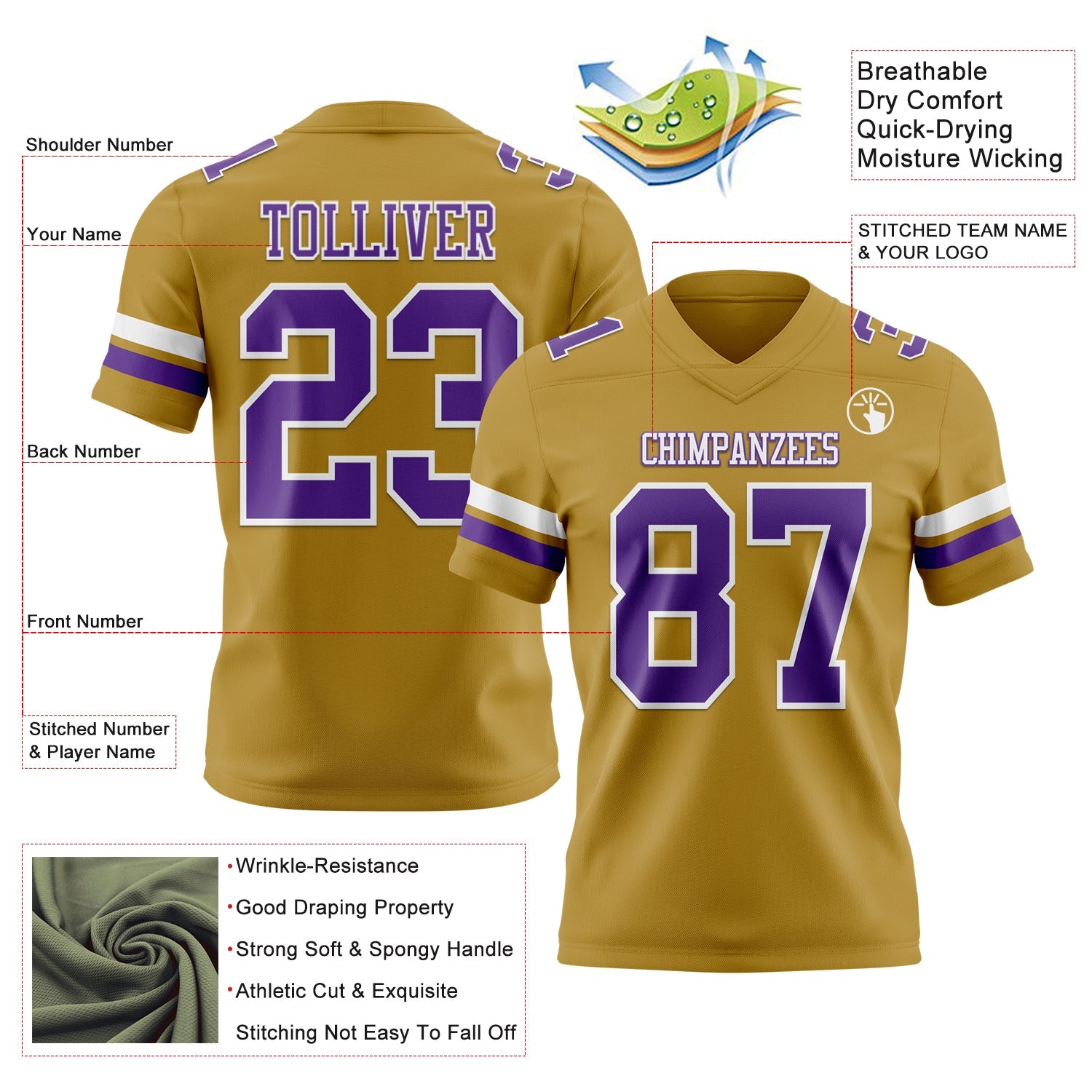 Custom Old Gold Purple-White Authentic Football Jersey view 3