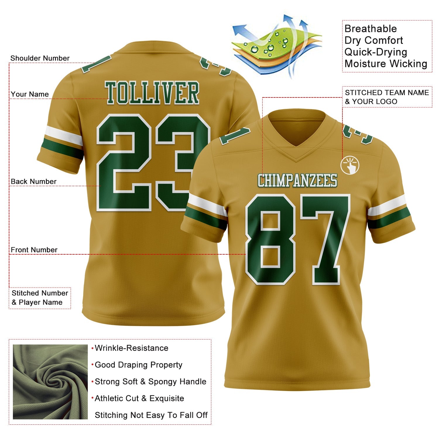 Custom Old Gold Green-White Authentic Football Jersey view 3