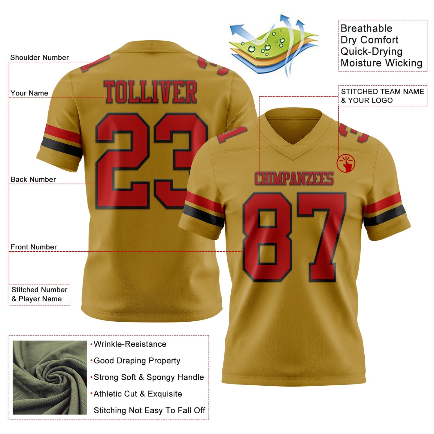 Custom Old Gold Red-Black Authentic Football Jersey view 3
