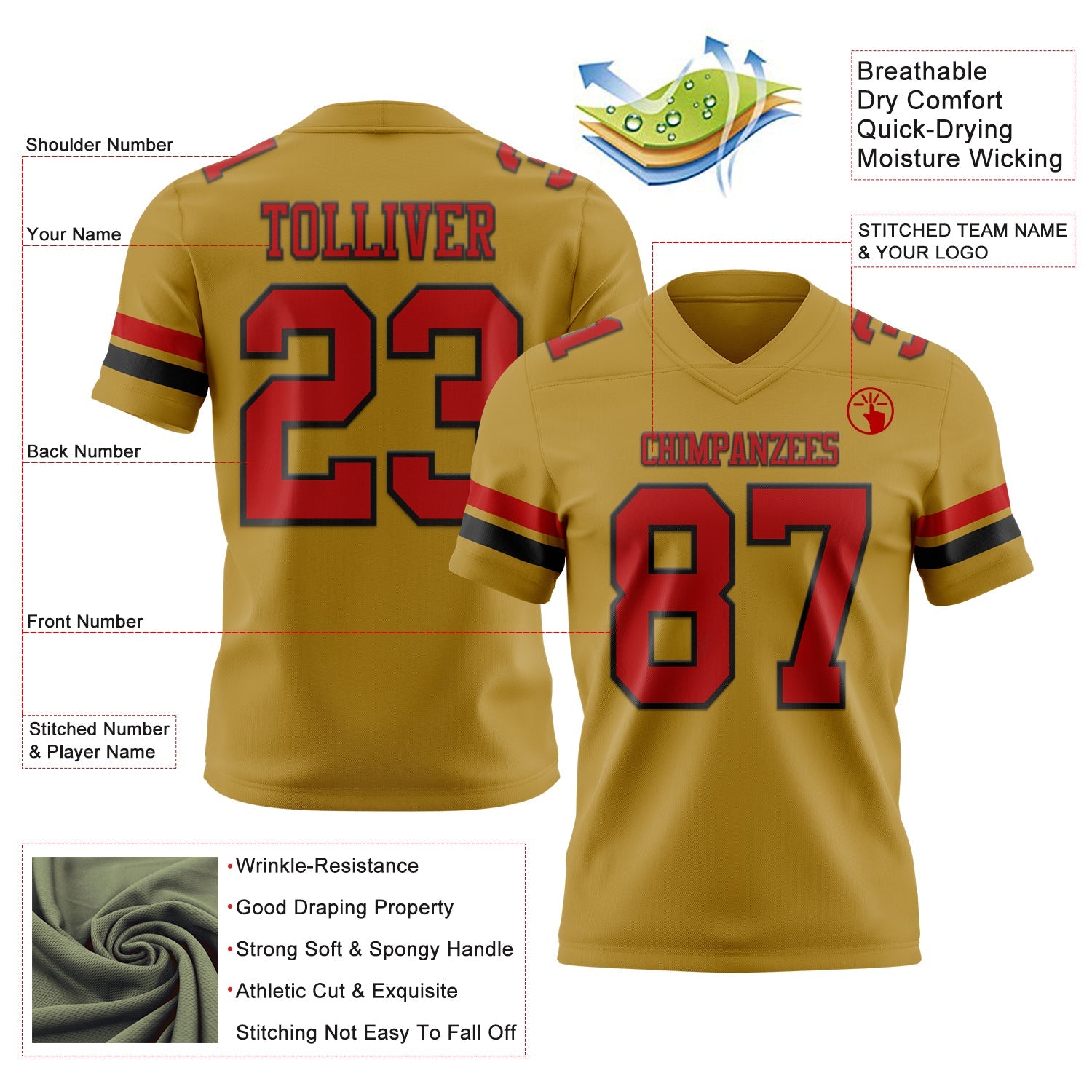 Custom Old Gold Red-Black Authentic Football Jersey view 3