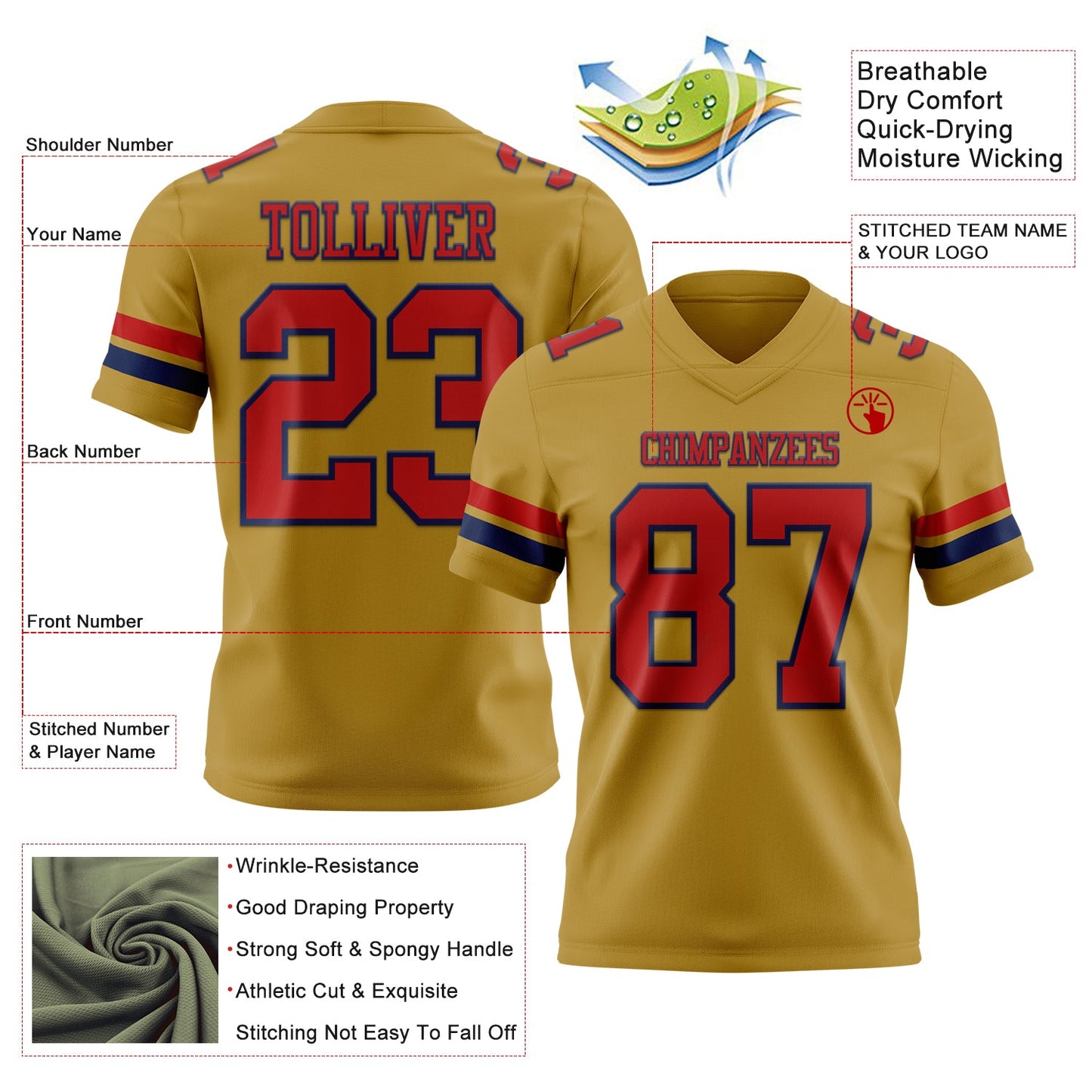 Custom Old Gold Red-Navy Authentic Football Jersey view 3