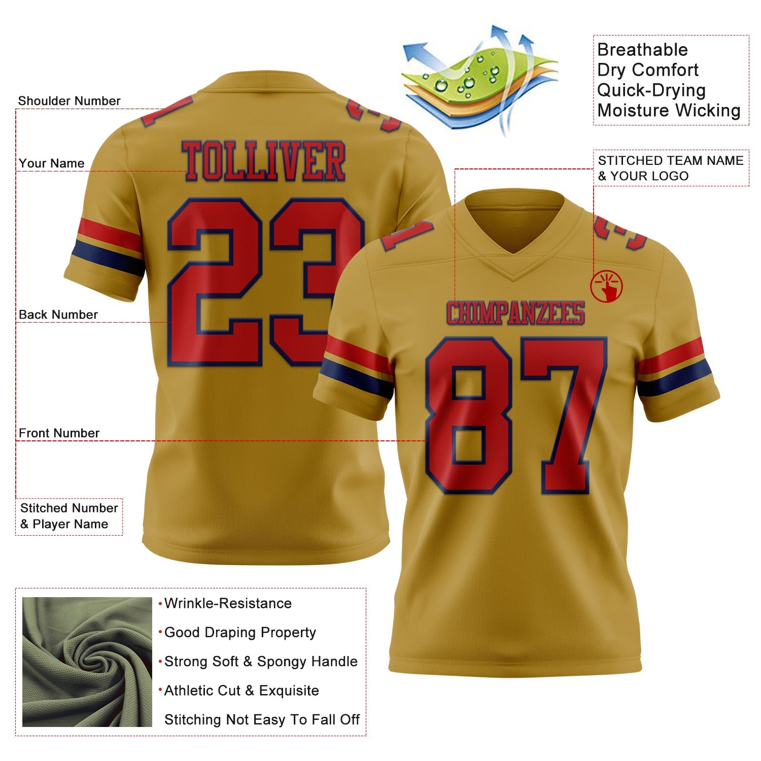 Custom Old Gold Red-Navy Authentic Football Jersey view 3