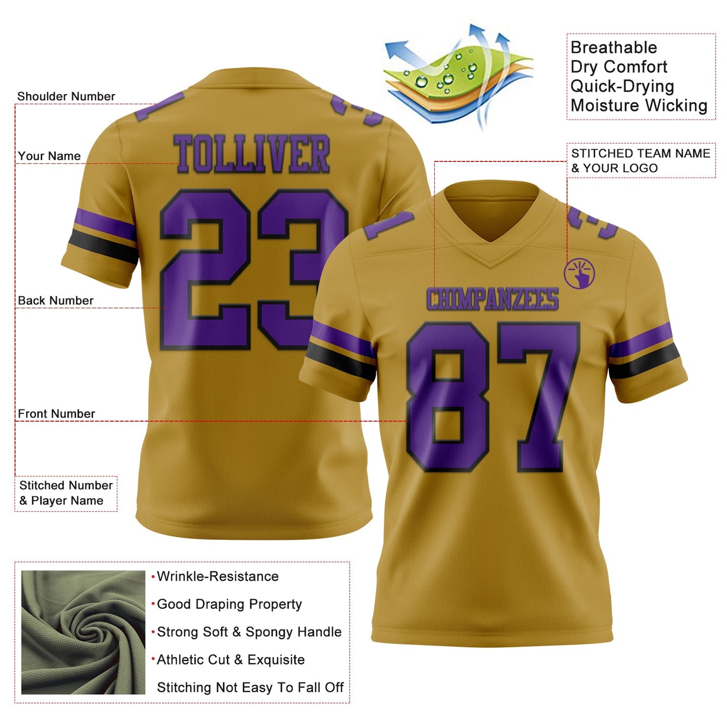 Custom Old Gold Purple-Black Authentic Football Jersey view 3