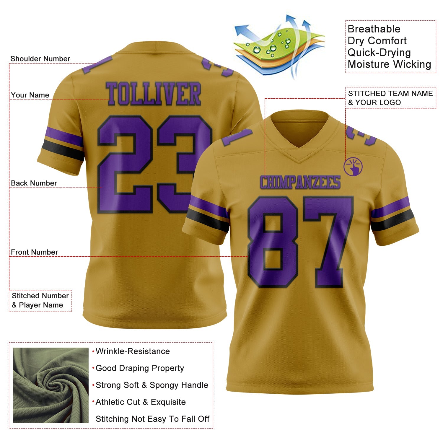 Custom Old Gold Purple-Black Authentic Football Jersey view 3