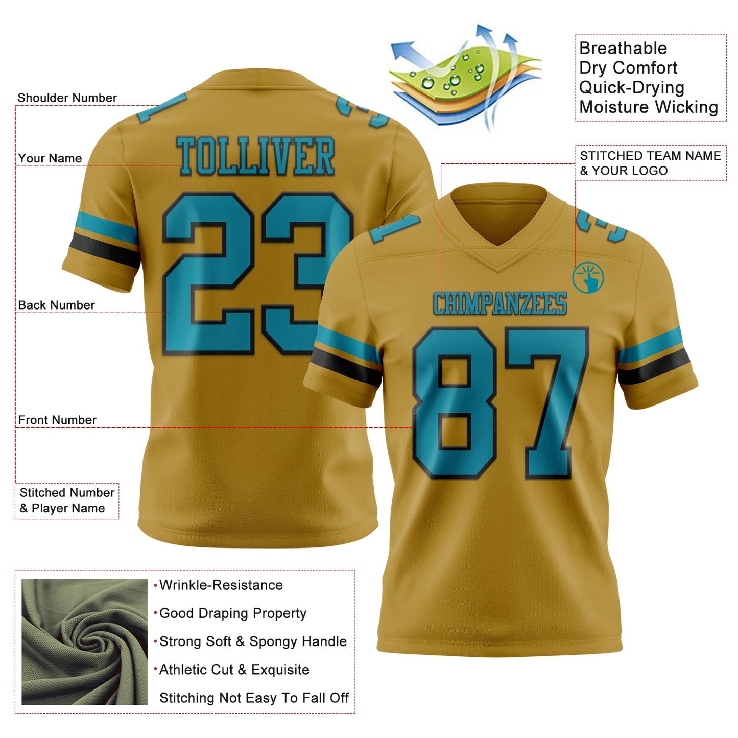 Custom Old Gold Teal-Black Authentic Football Jersey view 3