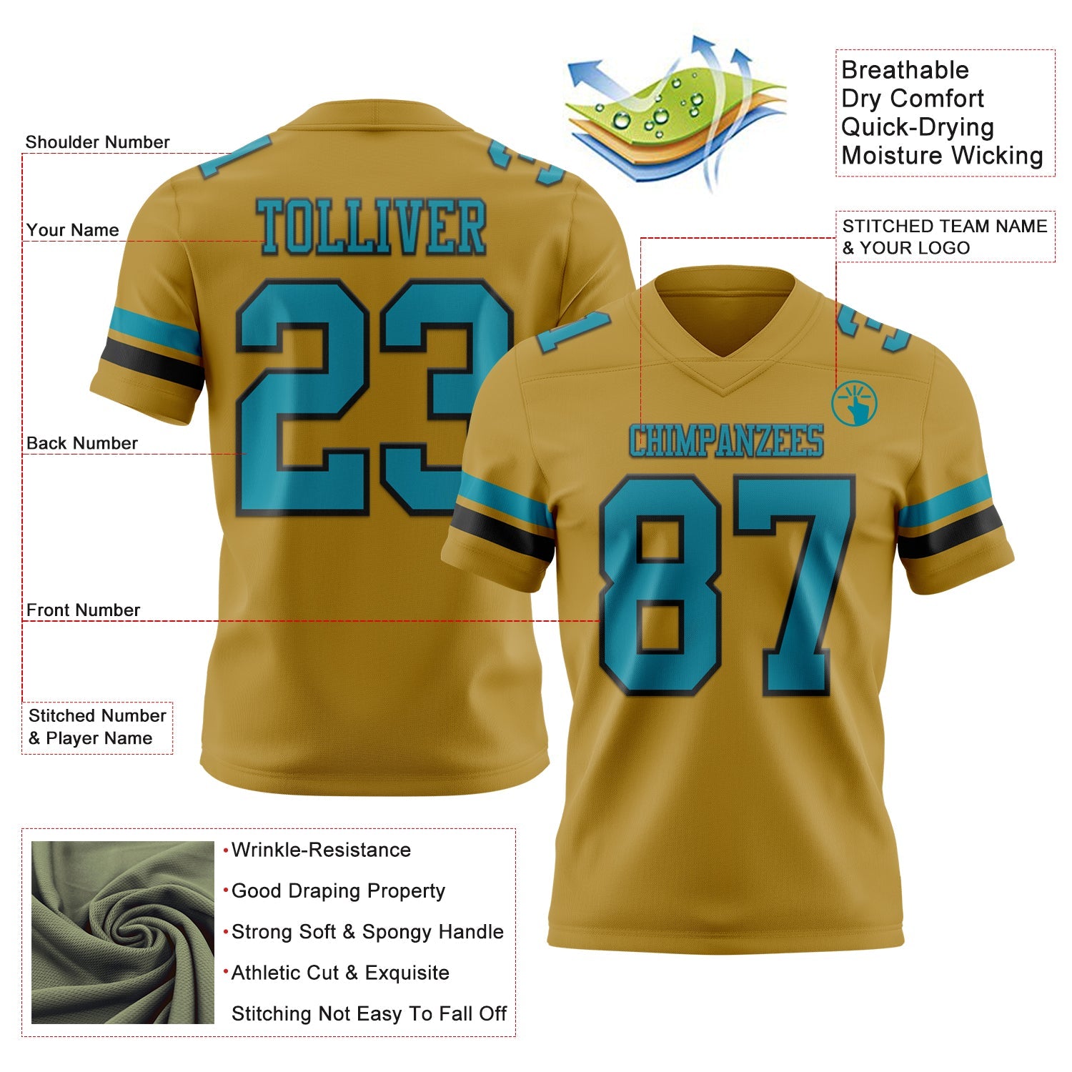 Custom Old Gold Teal-Black Authentic Football Jersey view 3