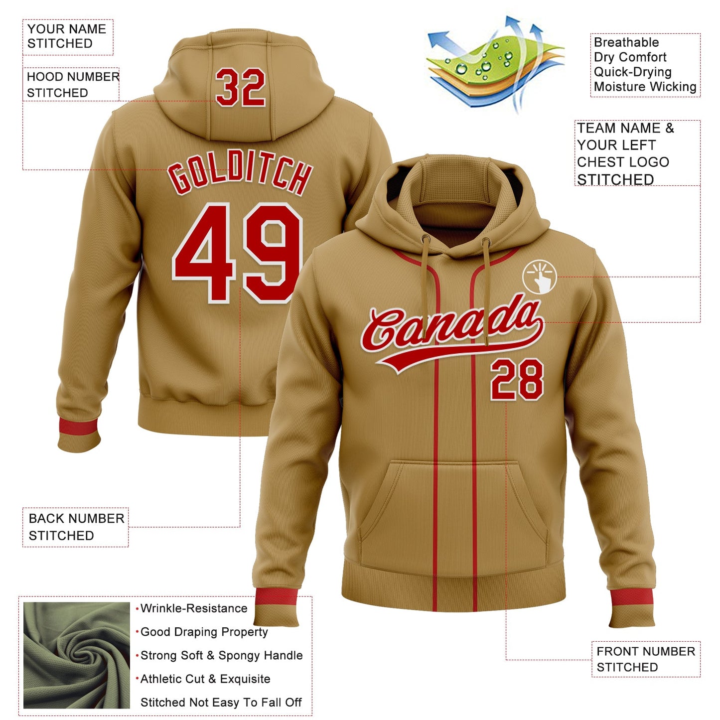 Custom Stitched Old Gold Red-White Baseball Pullover Sweatshirt Hoodie view 2