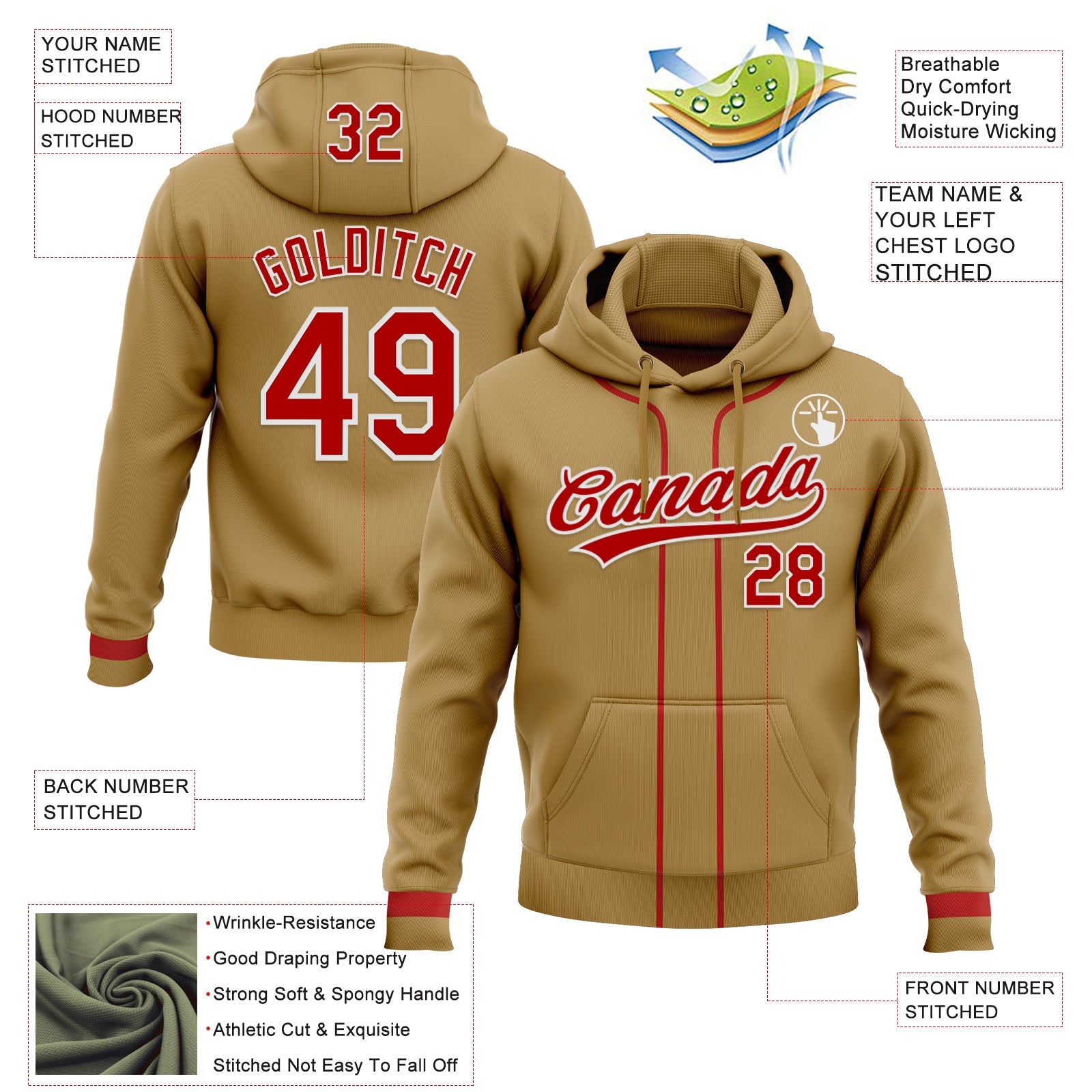 Custom Stitched Old Gold Red-White Baseball Pullover Sweatshirt Hoodie view 2