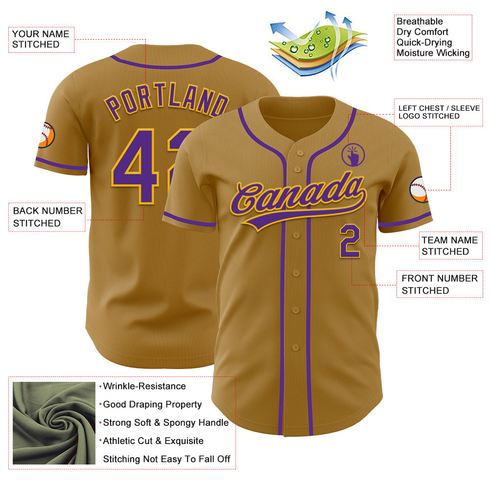 Custom Old Gold Purple-Gold Authentic Baseball Jersey view 3