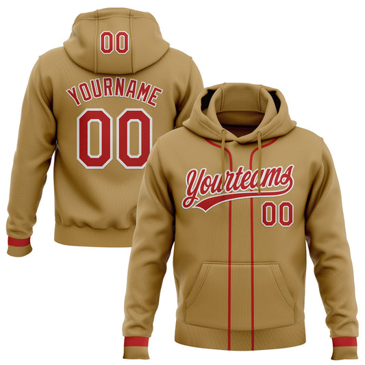 Custom Stitched Old Gold Red-White Baseball Pullover Sweatshirt Hoodie - Main View