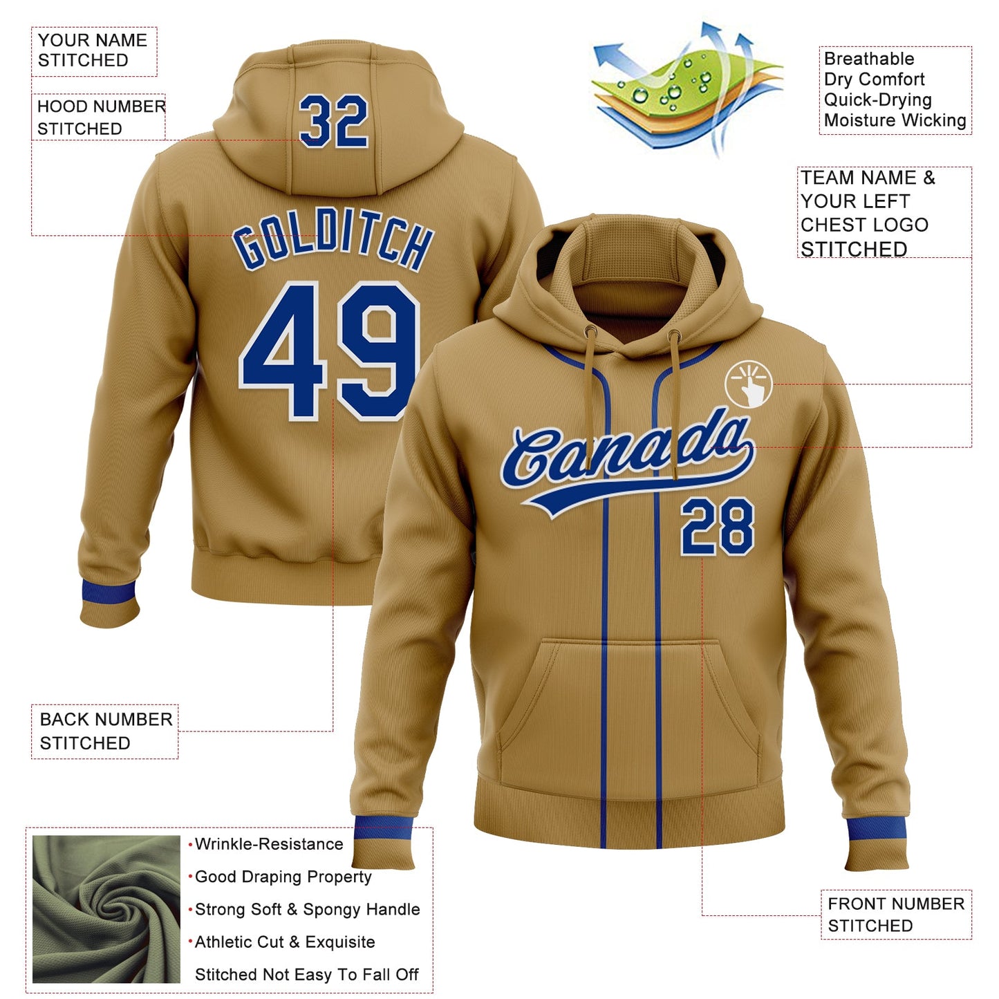 Custom Stitched Old Gold Royal-White Baseball Pullover Sweatshirt Hoodie view 2