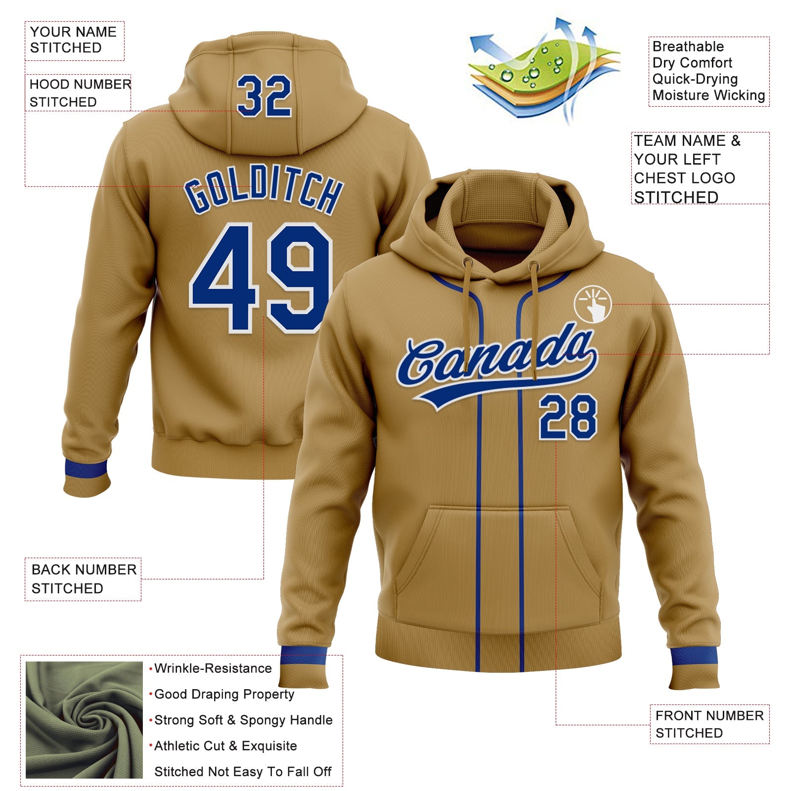 Custom Stitched Old Gold Royal-White Baseball Pullover Sweatshirt Hoodie view 2