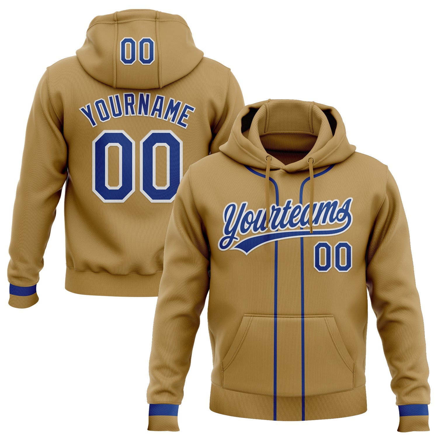 Custom Stitched Old Gold Royal-White Baseball Pullover Sweatshirt Hoodie - Main View