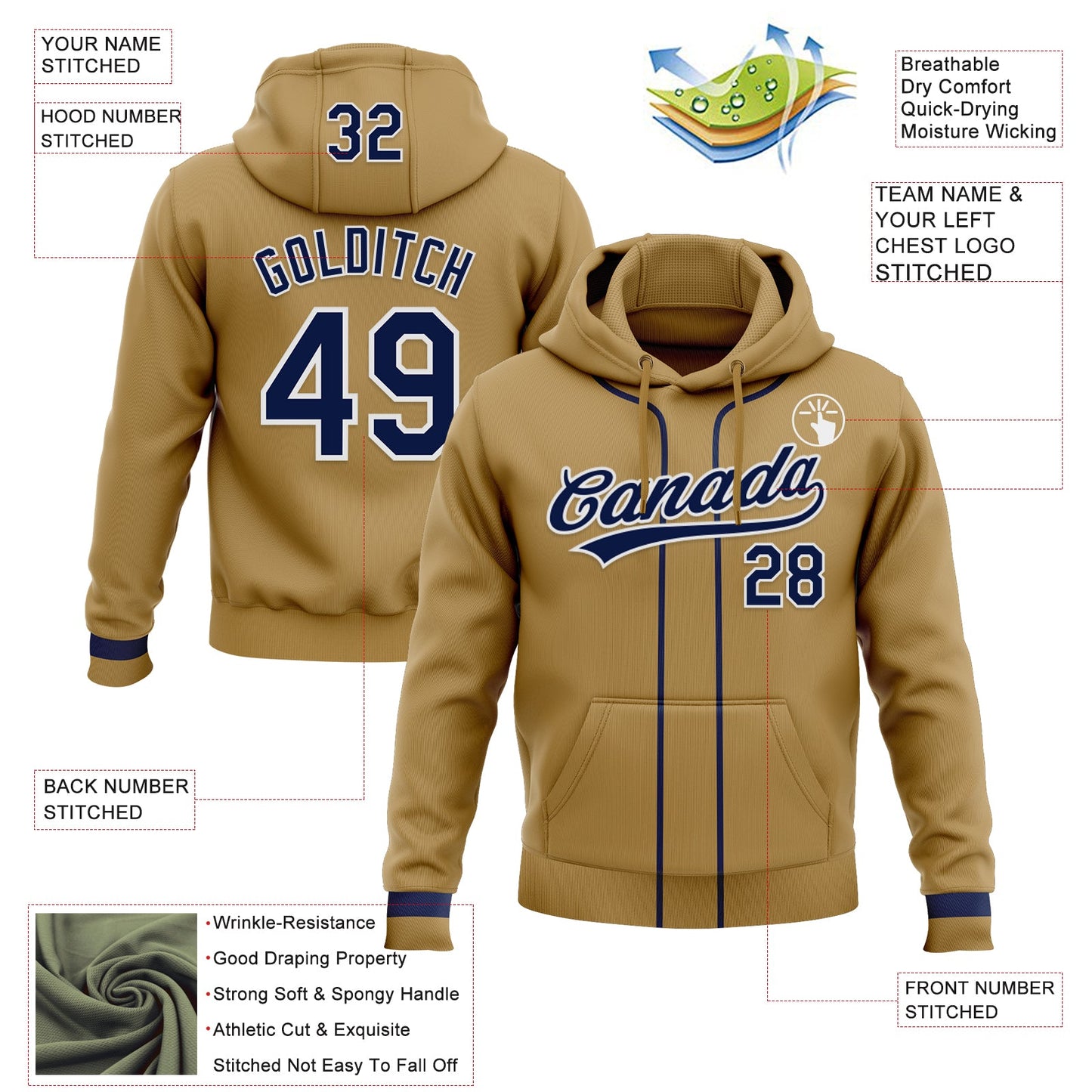 Custom Stitched Old Gold Navy-White Baseball Pullover Sweatshirt Hoodie view 2