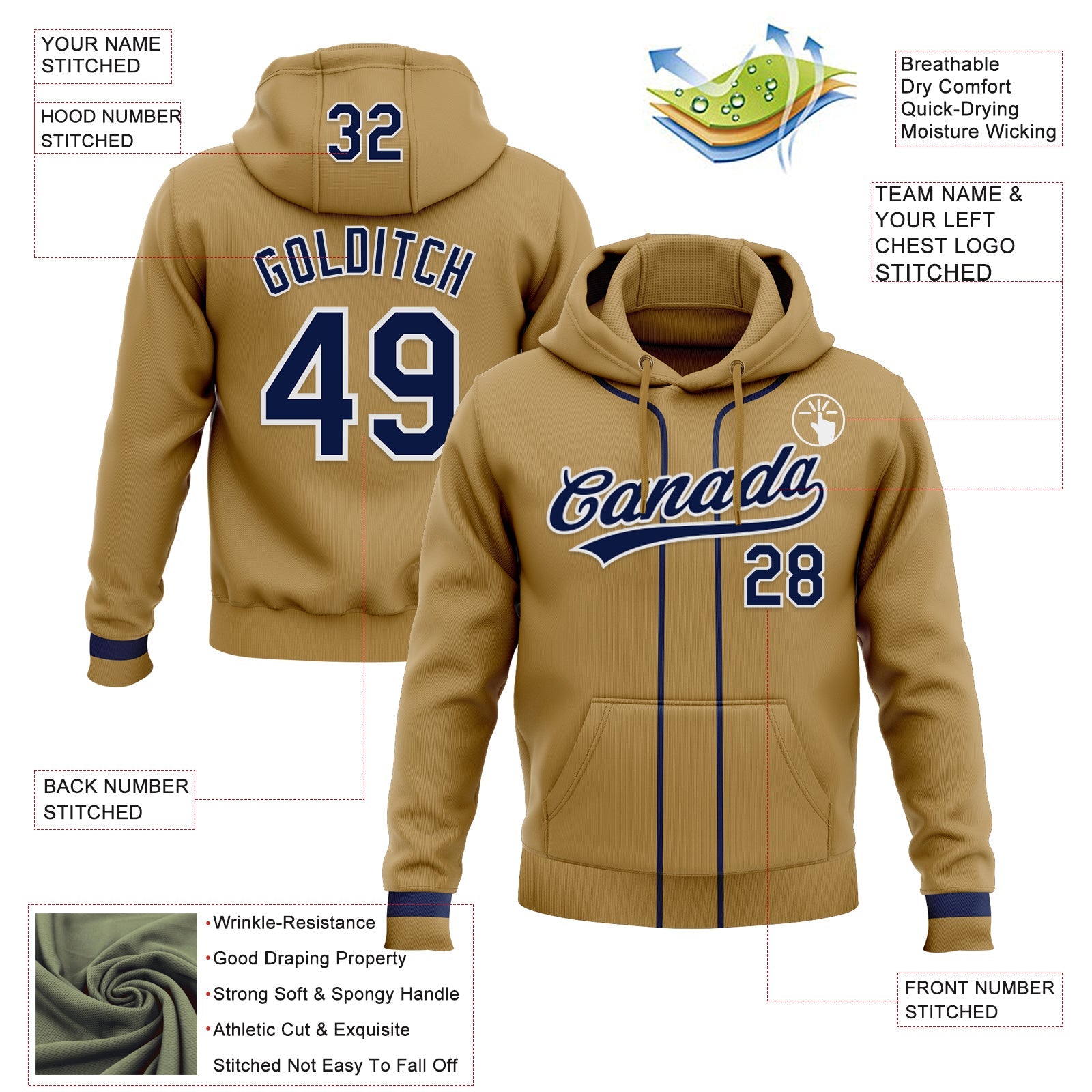 Custom Stitched Old Gold Navy-White Baseball Pullover Sweatshirt Hoodie view 2