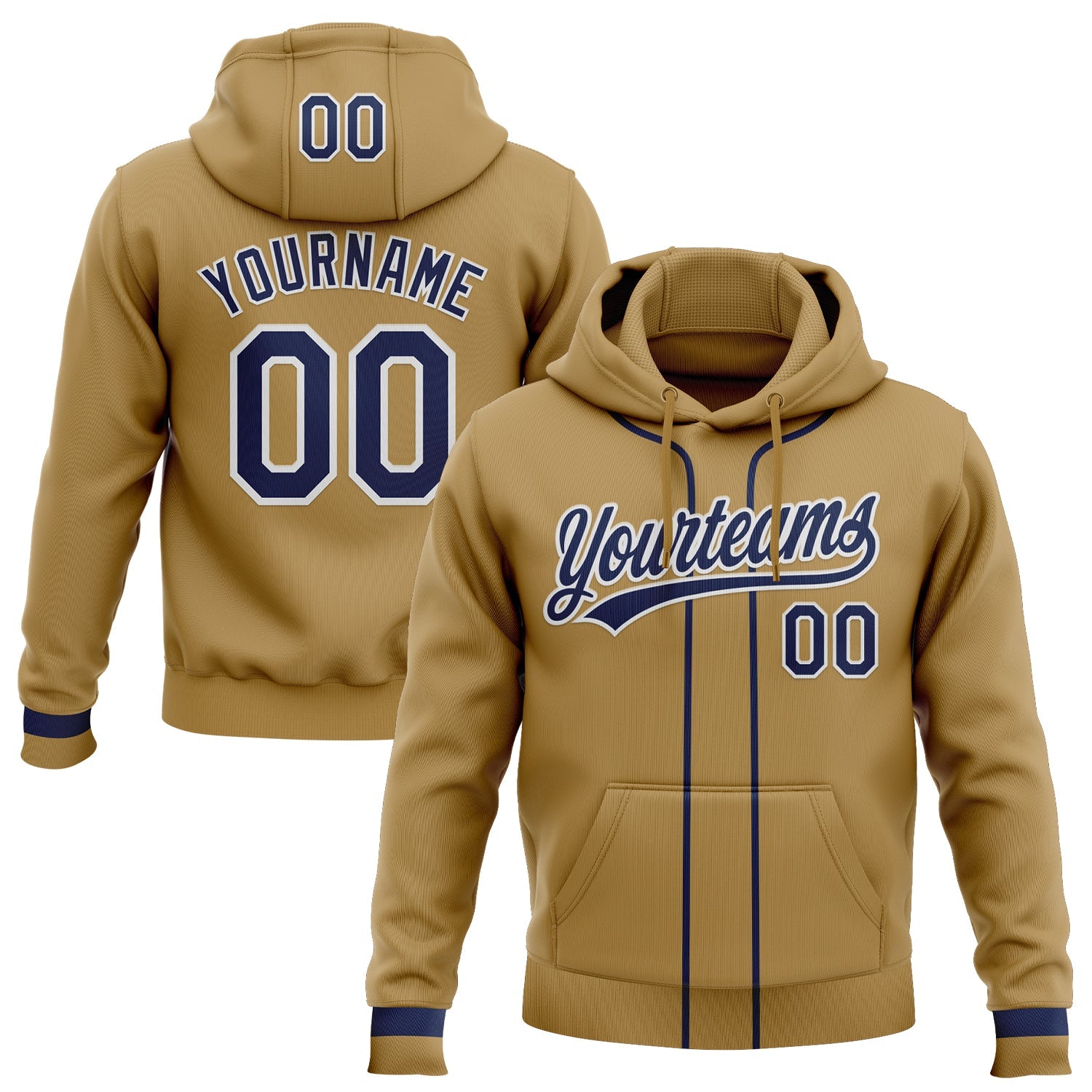 Custom Stitched Old Gold Navy-White Baseball Pullover Sweatshirt Hoodie - Main View