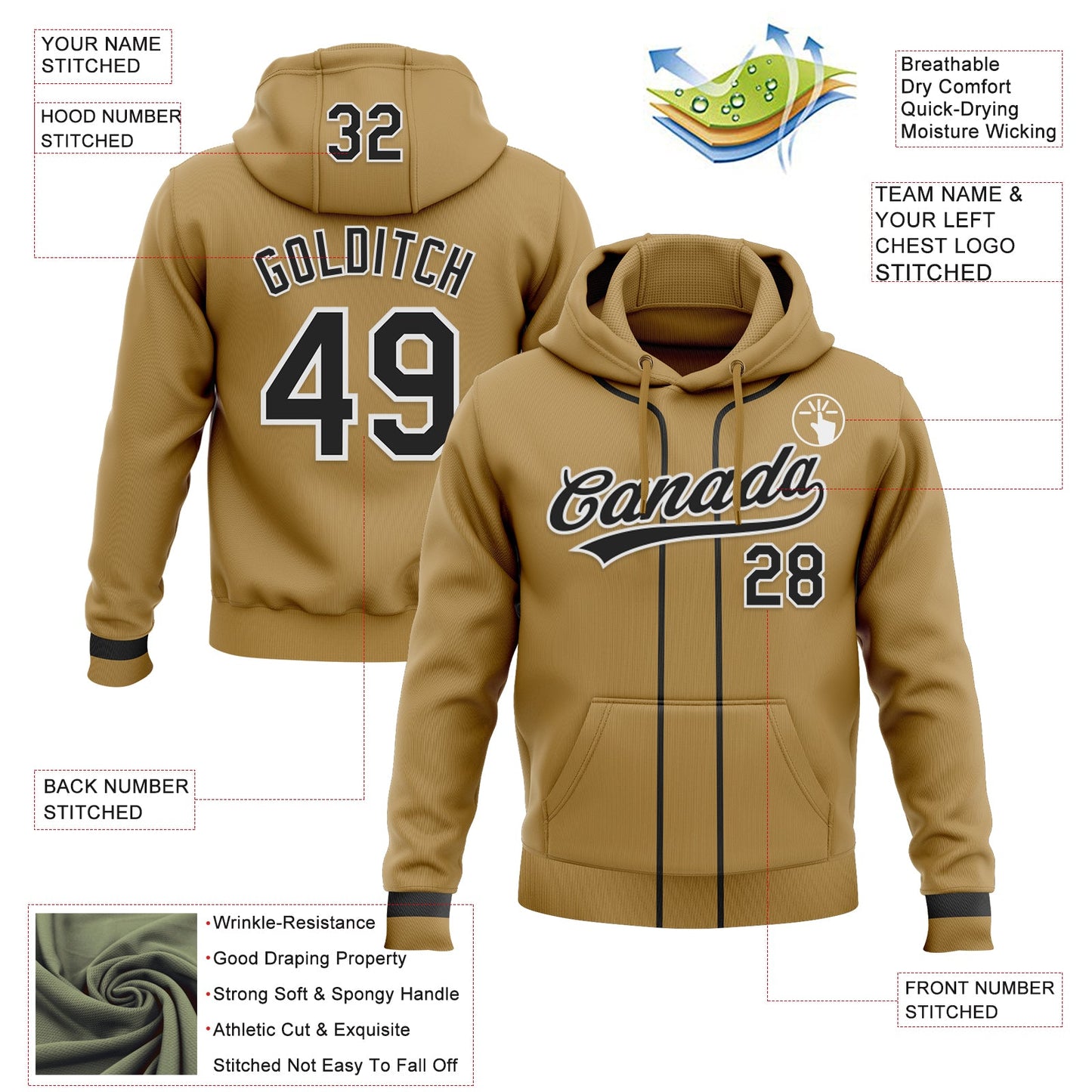 Custom Stitched Old Gold Black-White Baseball Pullover Sweatshirt Hoodie view 2