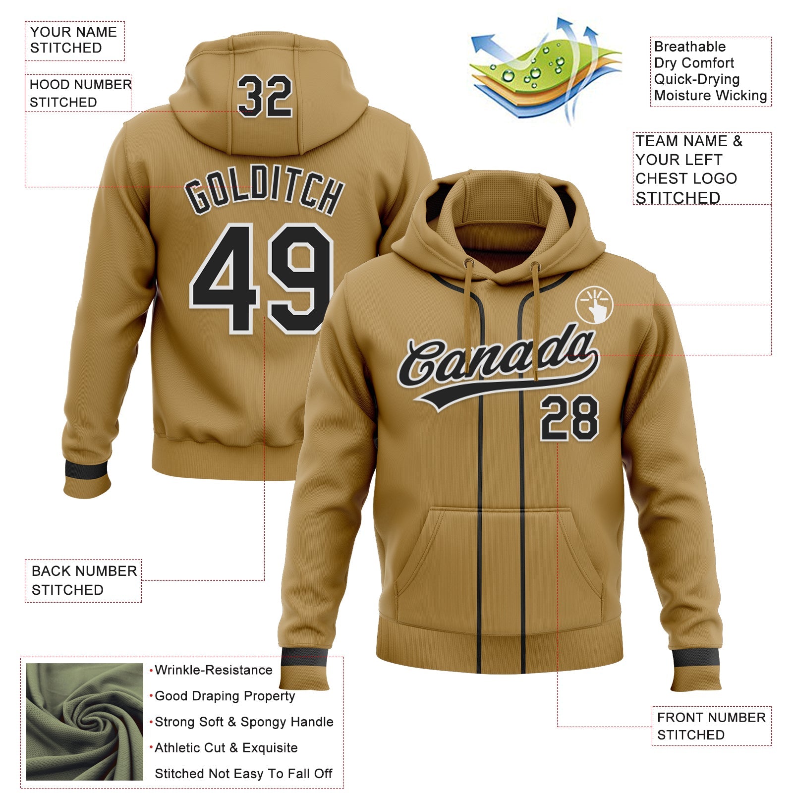 Custom Stitched Old Gold Black-White Baseball Pullover Sweatshirt Hoodie view 2