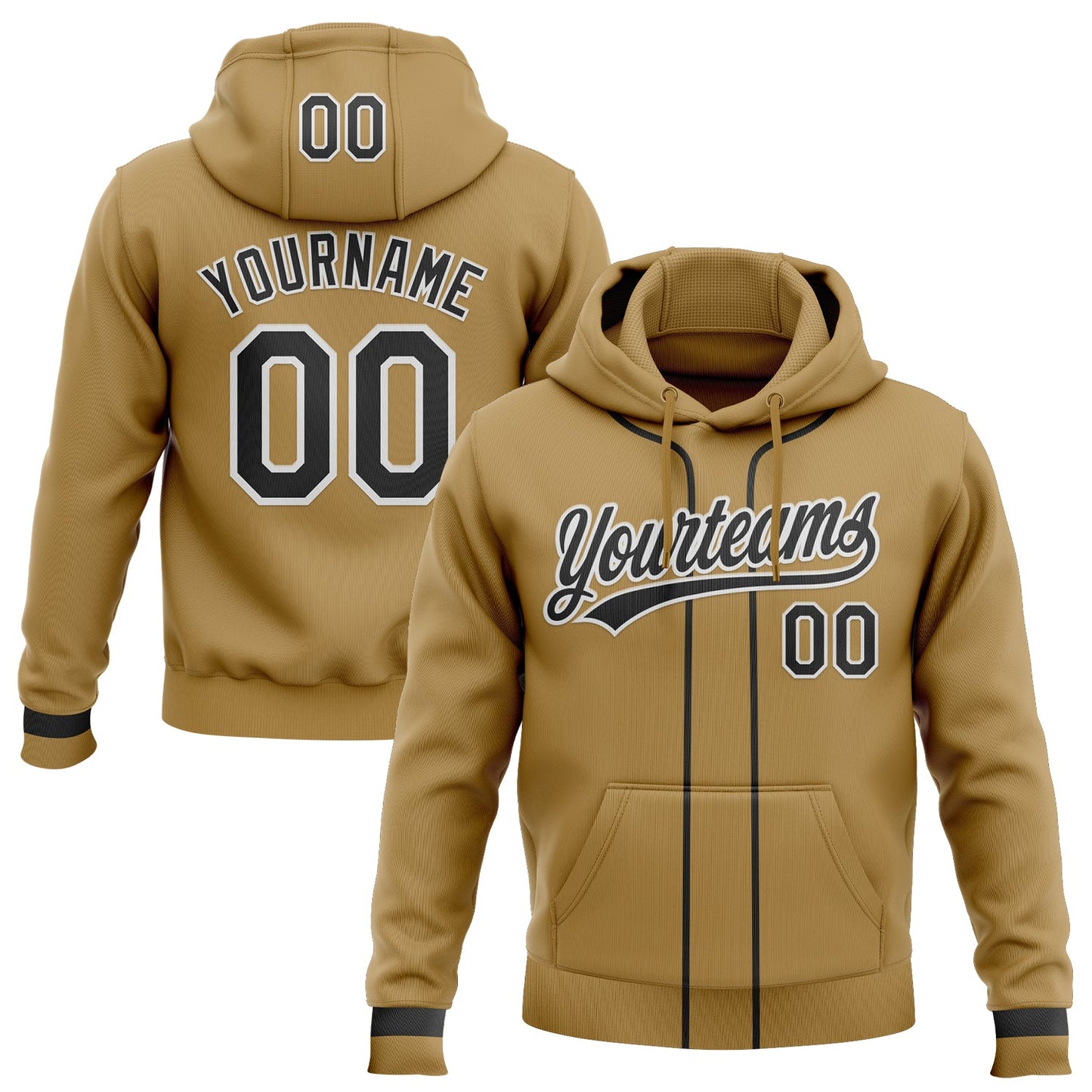 Custom Stitched Old Gold Black-White Baseball Pullover Sweatshirt Hoodie - Main View