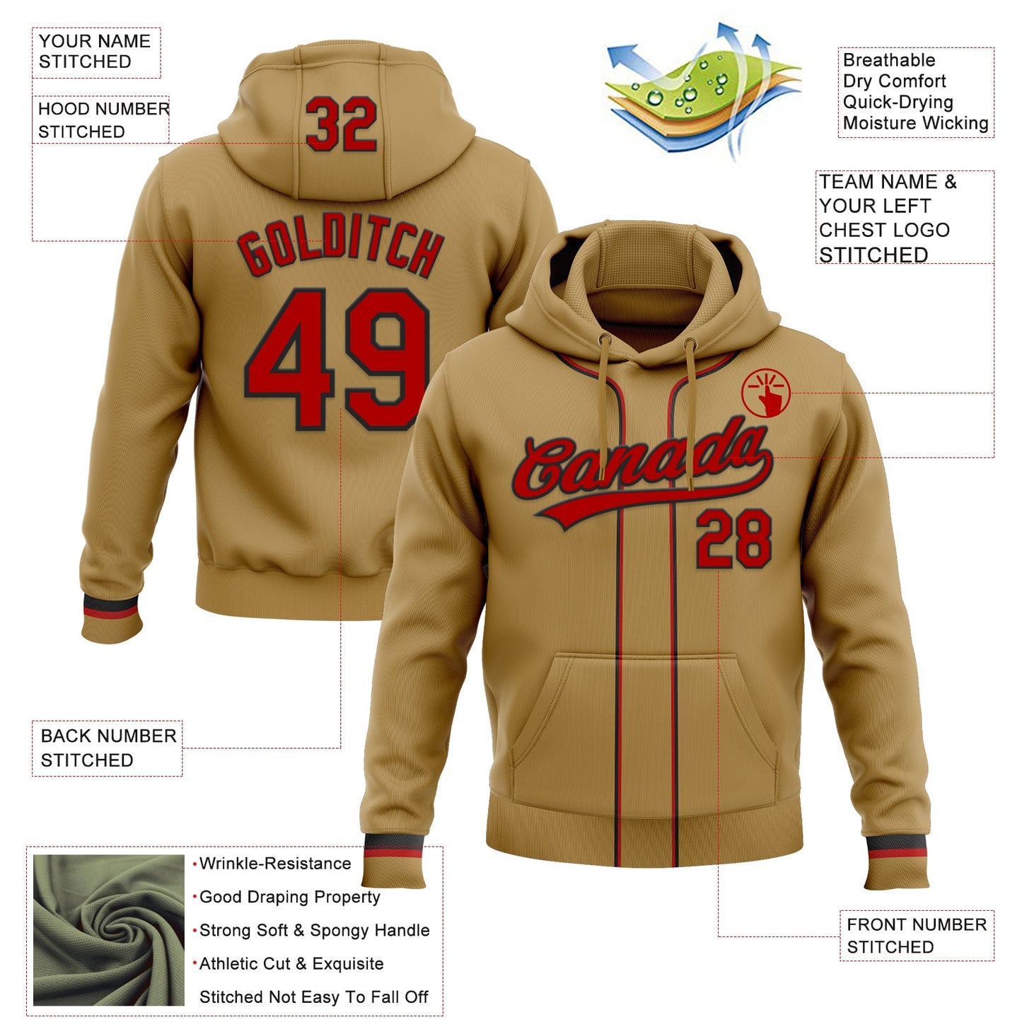 Custom Stitched Old Gold Red-Black Baseball Pullover Sweatshirt Hoodie view 2
