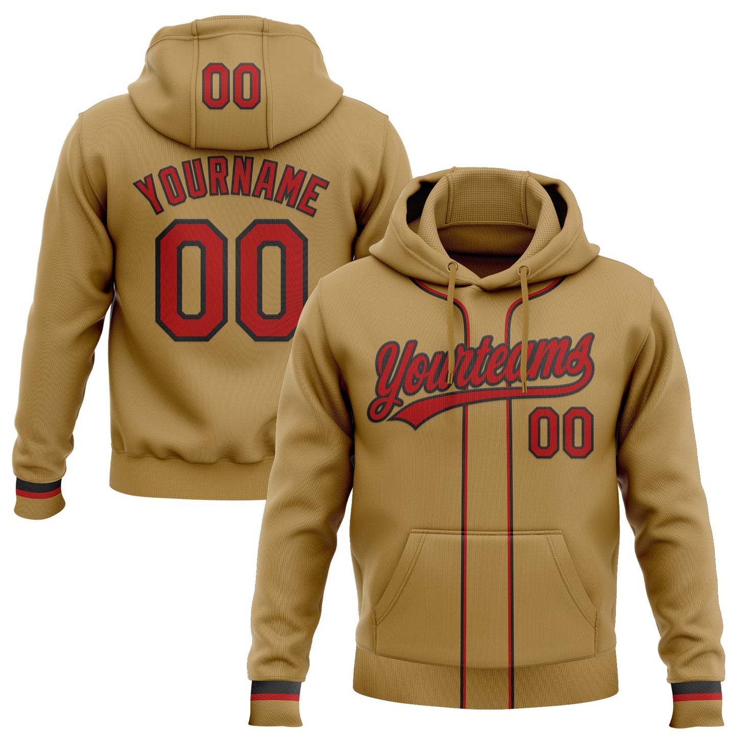 Custom Stitched Old Gold Red-Black Baseball Pullover Sweatshirt Hoodie - Main View
