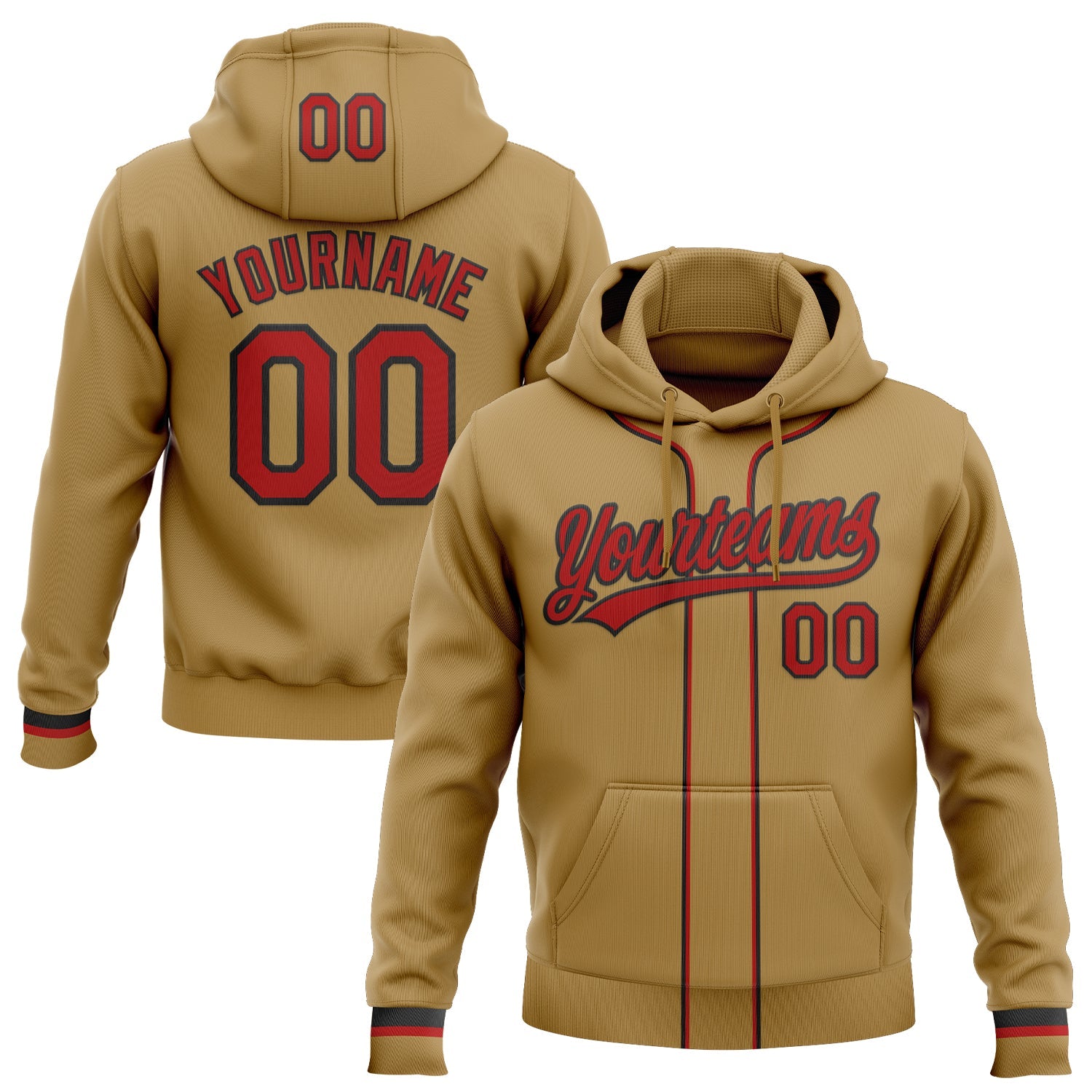 Custom Stitched Old Gold Red-Black Baseball Pullover Sweatshirt Hoodie - Main View