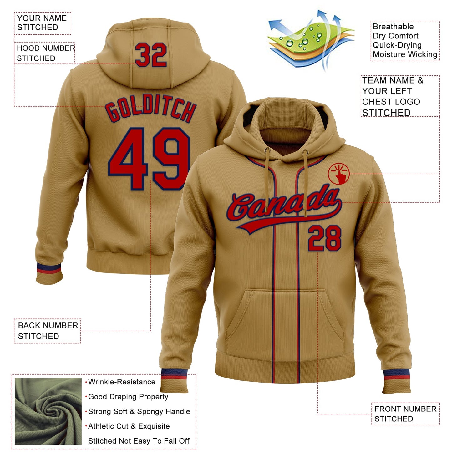 Custom Stitched Old Gold Red-Navy Baseball Pullover Sweatshirt Hoodie view 2