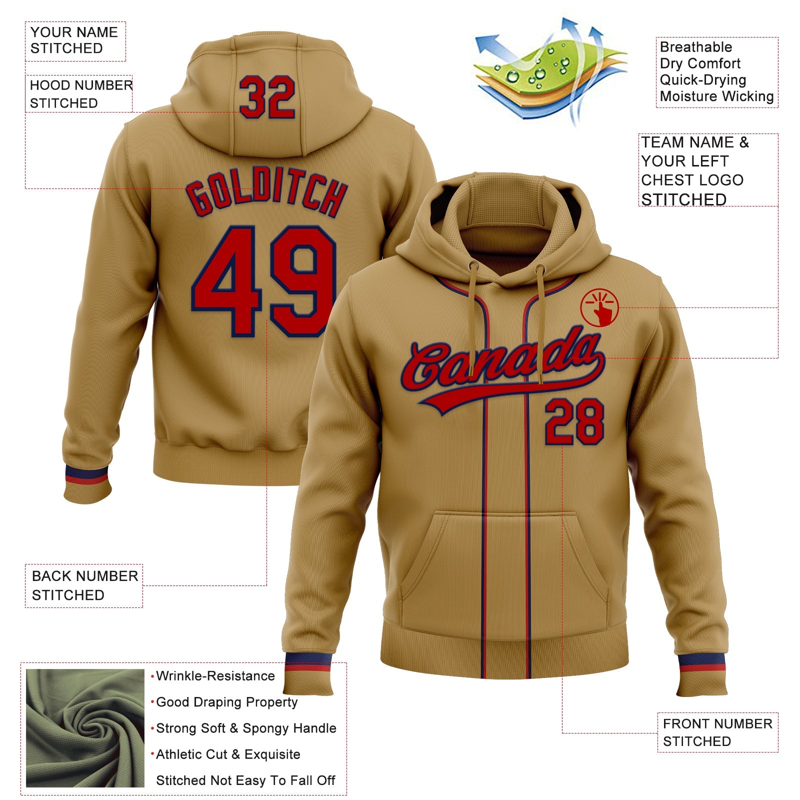 Custom Stitched Old Gold Red-Navy Baseball Pullover Sweatshirt Hoodie view 2
