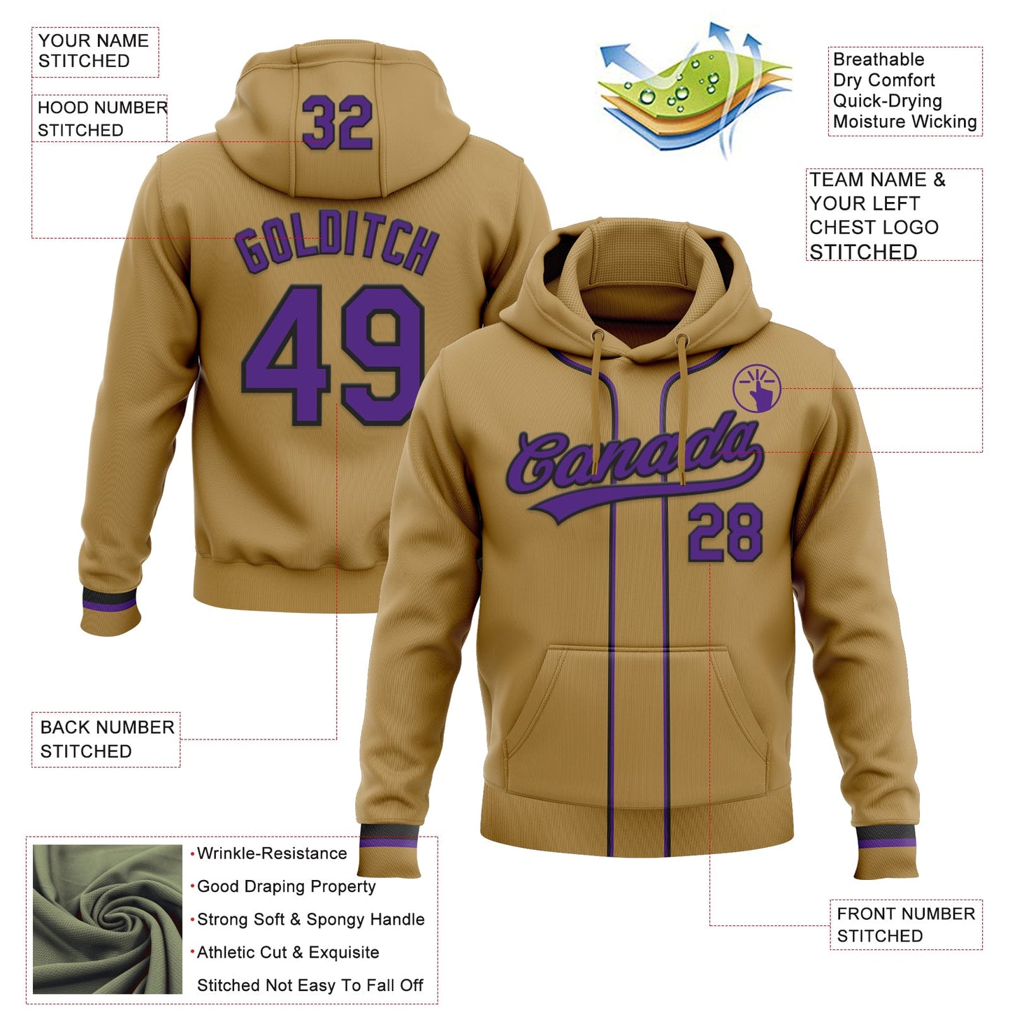 Custom Stitched Old Gold Purple-Black Baseball Pullover Sweatshirt Hoodie view 2