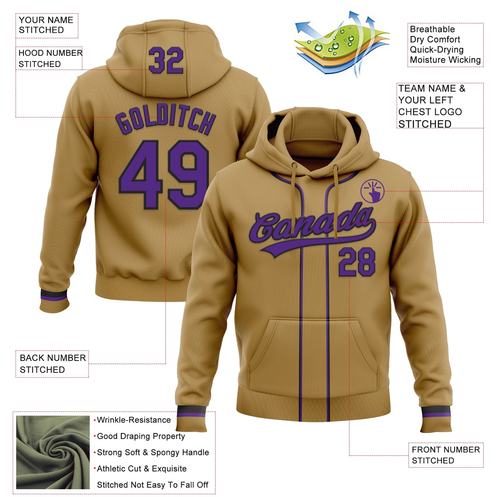 Custom Stitched Old Gold Purple-Black Baseball Pullover Sweatshirt Hoodie view 2