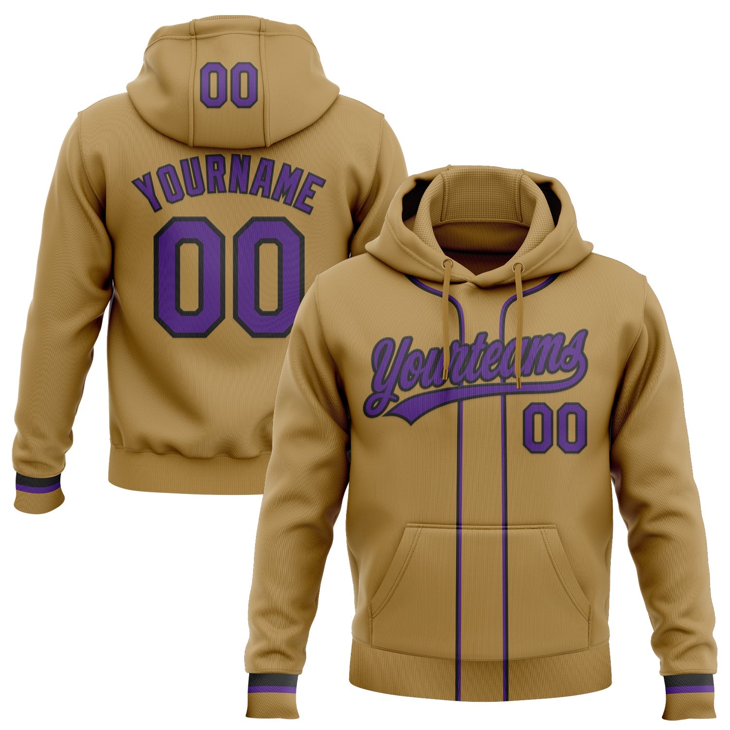Custom Stitched Old Gold Purple-Black Baseball Pullover Sweatshirt Hoodie - Main View
