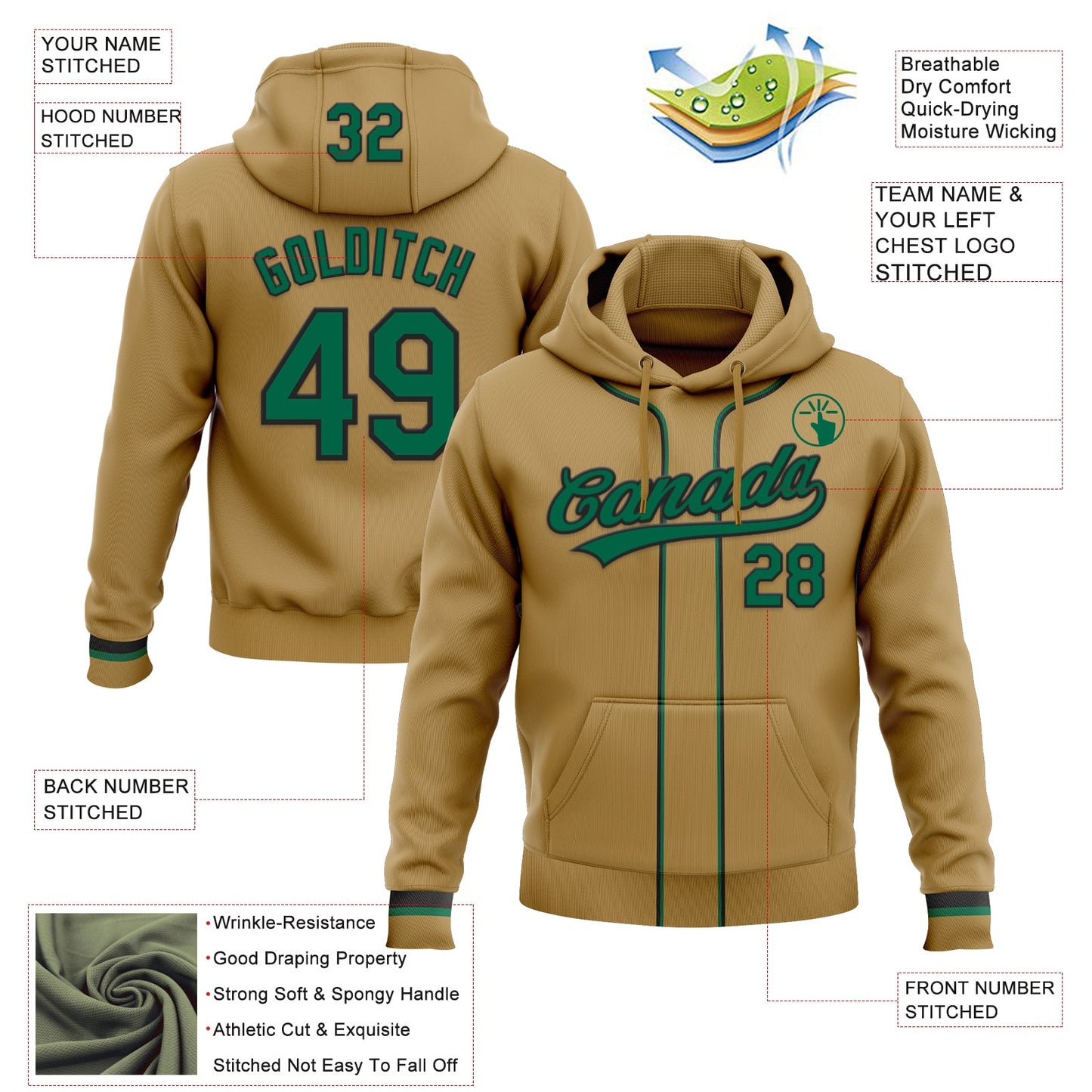 Custom Stitched Old Gold Kelly Green-Black Baseball Pullover Sweatshirt Hoodie view 2