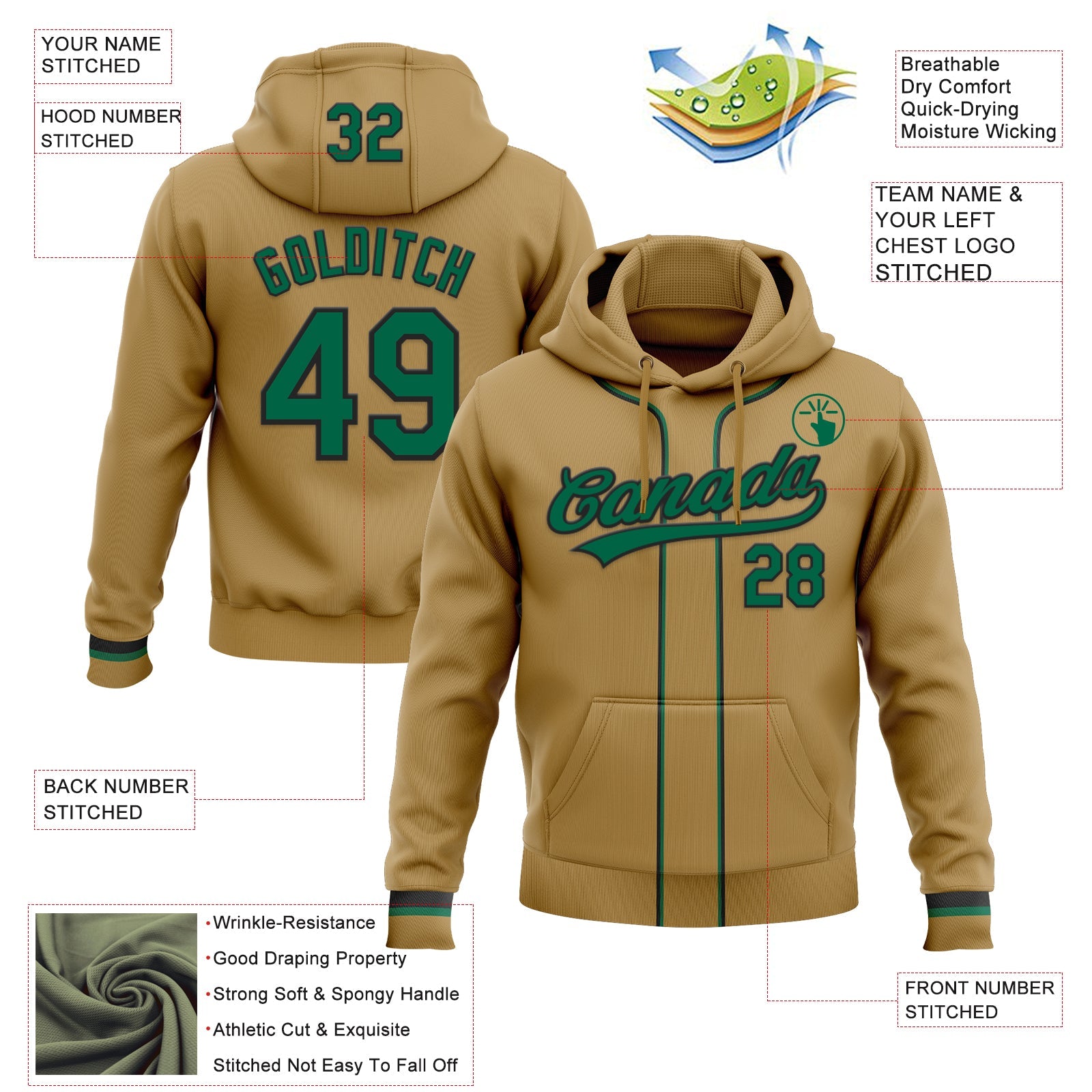 Custom Stitched Old Gold Kelly Green-Black Baseball Pullover Sweatshirt Hoodie view 2