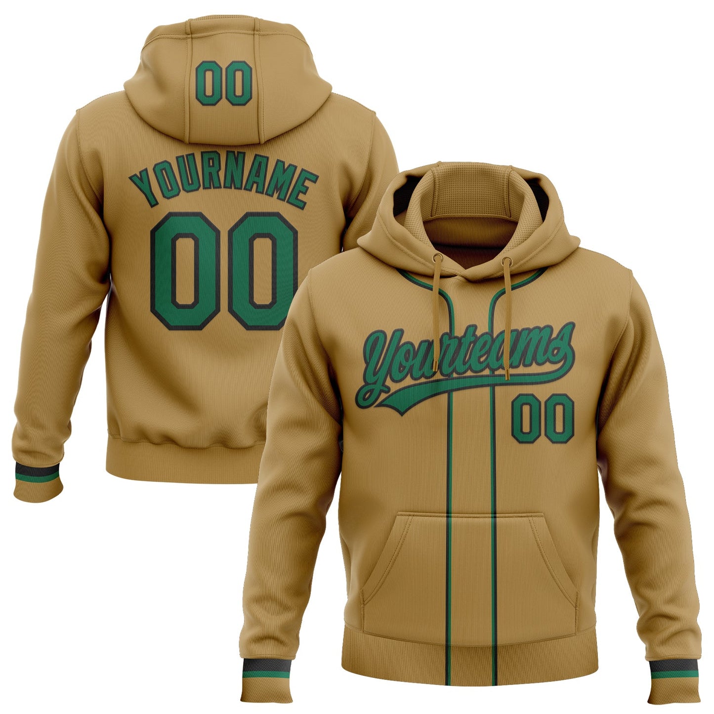 Custom Stitched Old Gold Kelly Green-Black Baseball Pullover Sweatshirt Hoodie - Main View