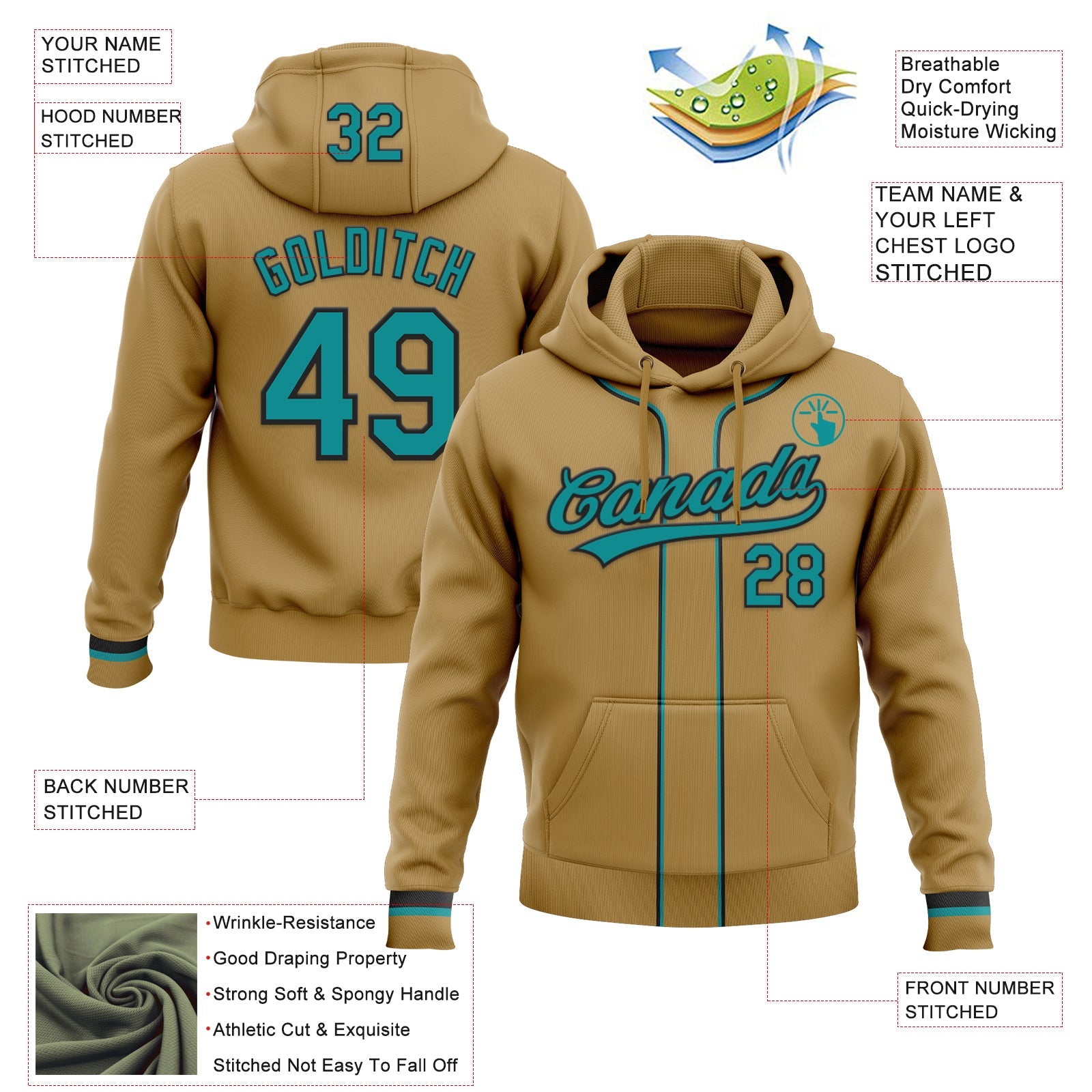 Custom Stitched Old Gold Teal-Black Baseball Pullover Sweatshirt Hoodie view 2