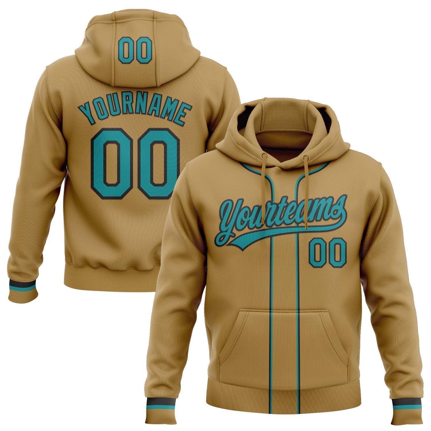 Custom Stitched Old Gold Teal-Black Baseball Pullover Sweatshirt Hoodie - Main View