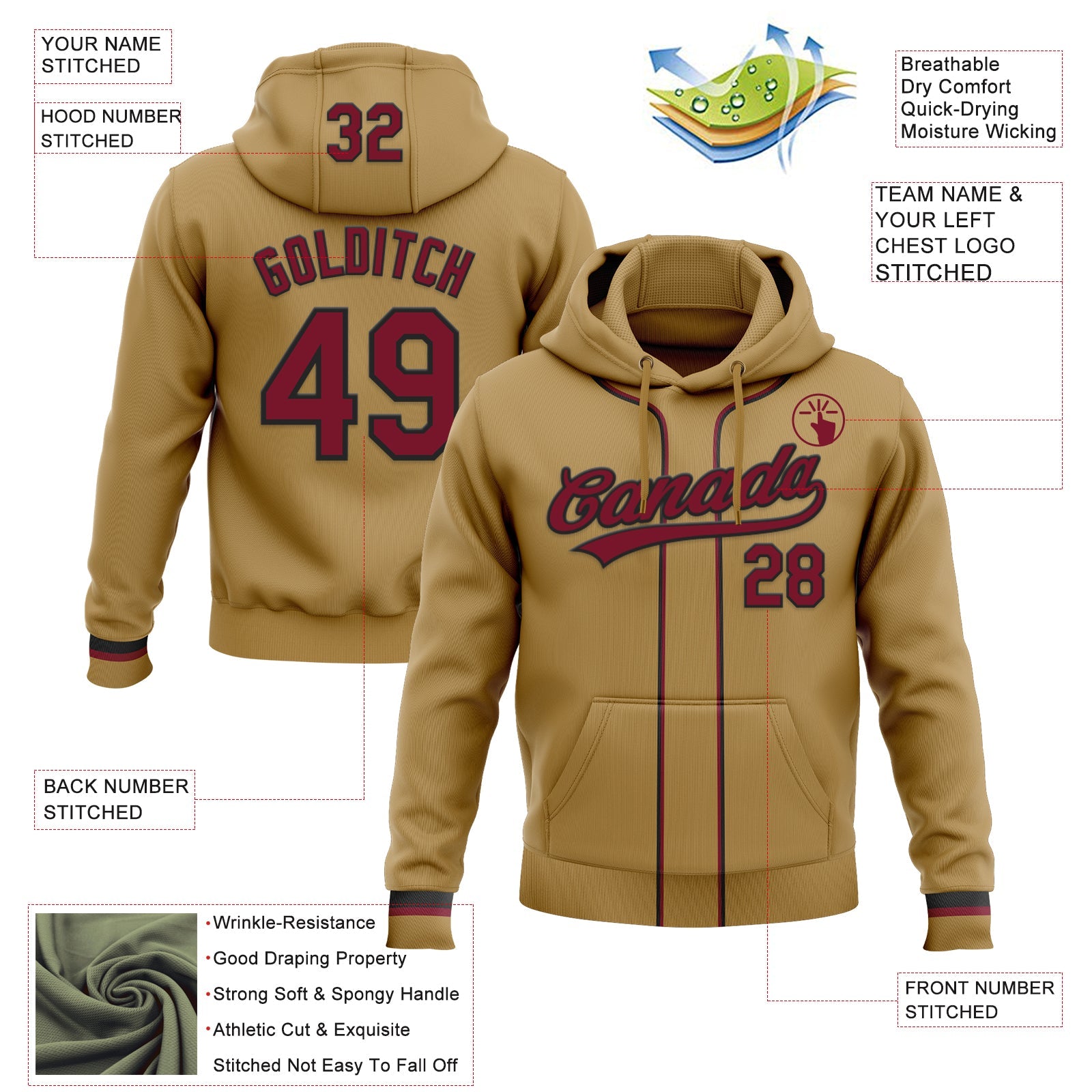 Custom Stitched Old Gold Crimson-Black Baseball Pullover Sweatshirt Hoodie view 2