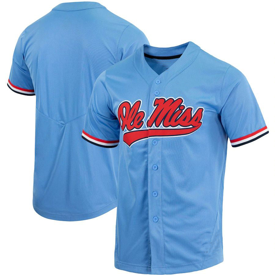 O.Miss Rebels Replica Full-Button Baseball Jersey Powder Blue Stitched American College Jerseys - Main View