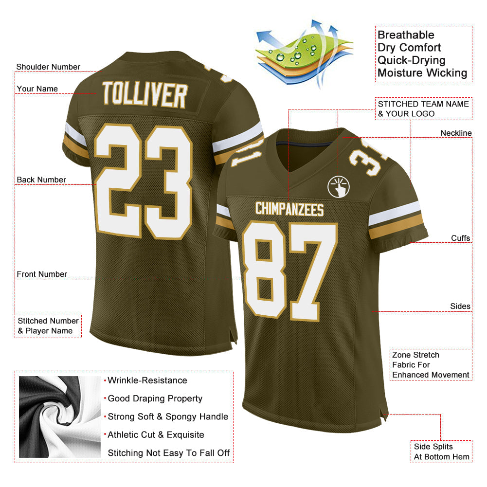 Custom Olive White-Old Gold Mesh Authentic Salute To Service Football Jersey view 2