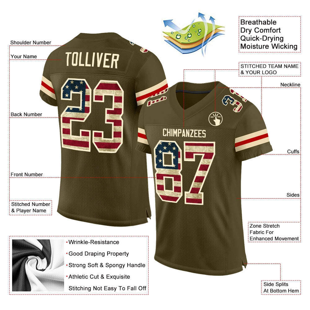 Custom Olive Vintage USA Flag-Cream Mesh Authentic Salute To Service Football Jersey view 3