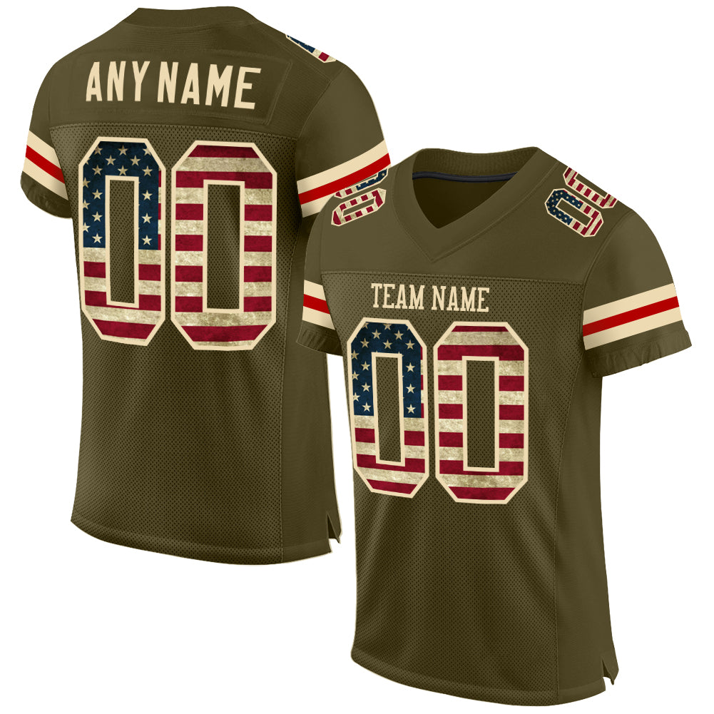 Custom Olive Vintage USA Flag-Cream Mesh Authentic Salute To Service Football Jersey - Main View
