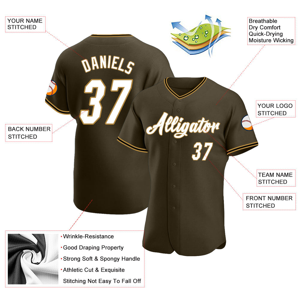 Custom Olive White-Old Gold Authentic Salute To Service Baseball Jersey view 3
