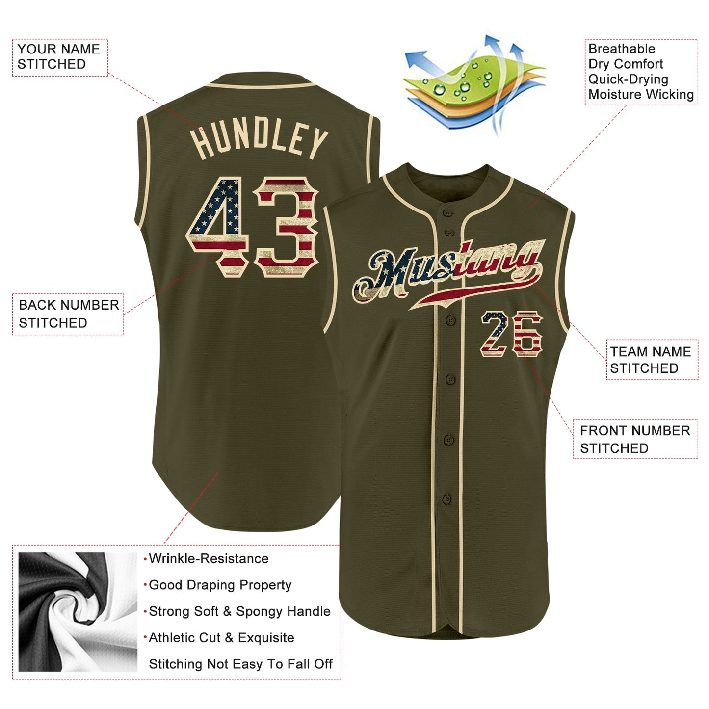 Custom Olive Vintage USA Flag-Cream Authentic Sleeveless Salute To Service Baseball Jersey view 2